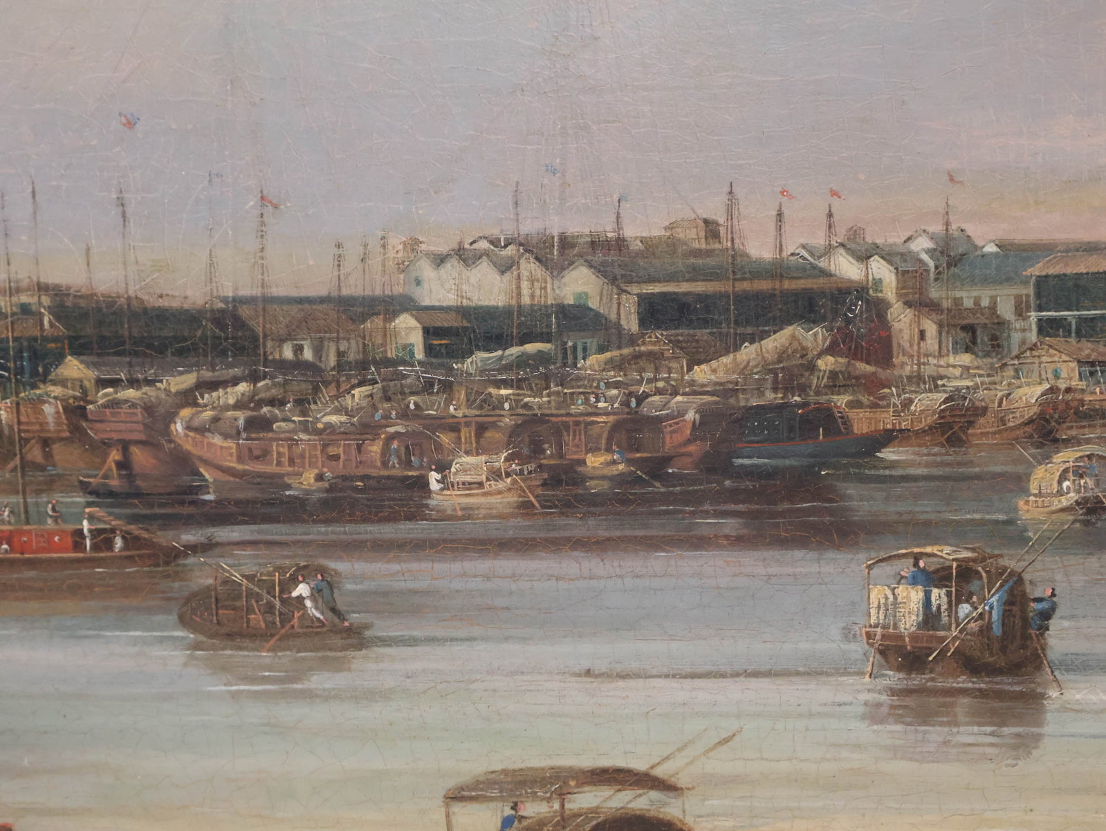 Chinese Qing Dynasty "China Trade" Hongs at Canton, Oil on Canvas - 12
