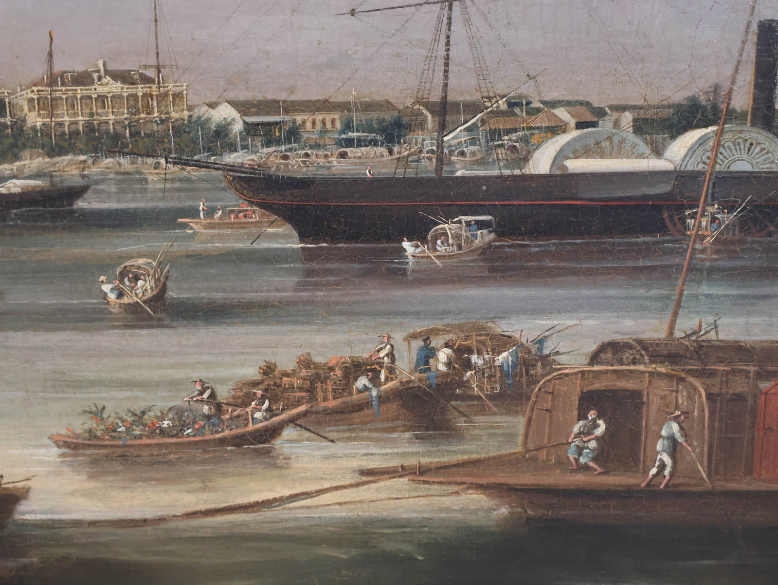 Chinese Qing Dynasty "China Trade" Hongs at Canton, Oil on Canvas - 7