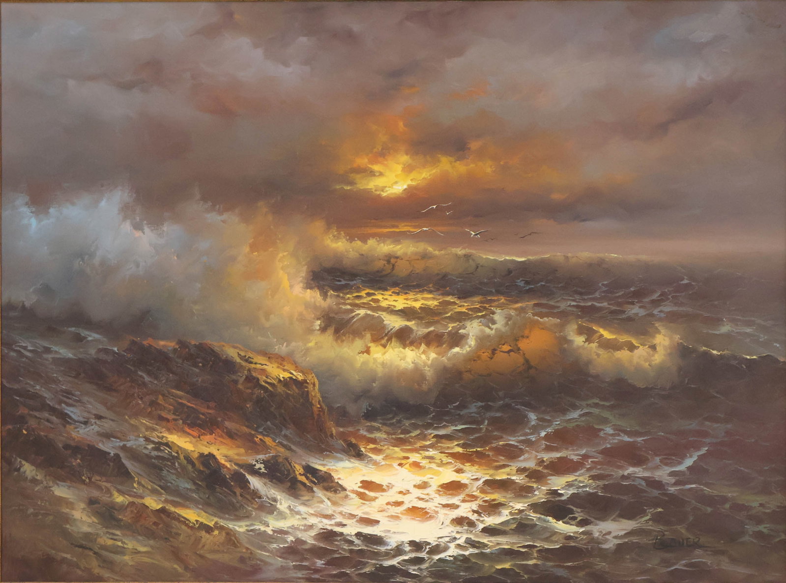 Bauer, Rough Surf at Sunset, Oil on Canvas: Bauer Rough Surf at Sunset Oil on Canvas Signed l.r., mid-century modern style painting. Sight: 35 1/2 x 47 1/2 in. (90.2 x 120.7 cm.), Frame: 43 1/2 x 55 1/2 in. (110.5 x 141 cm.)
