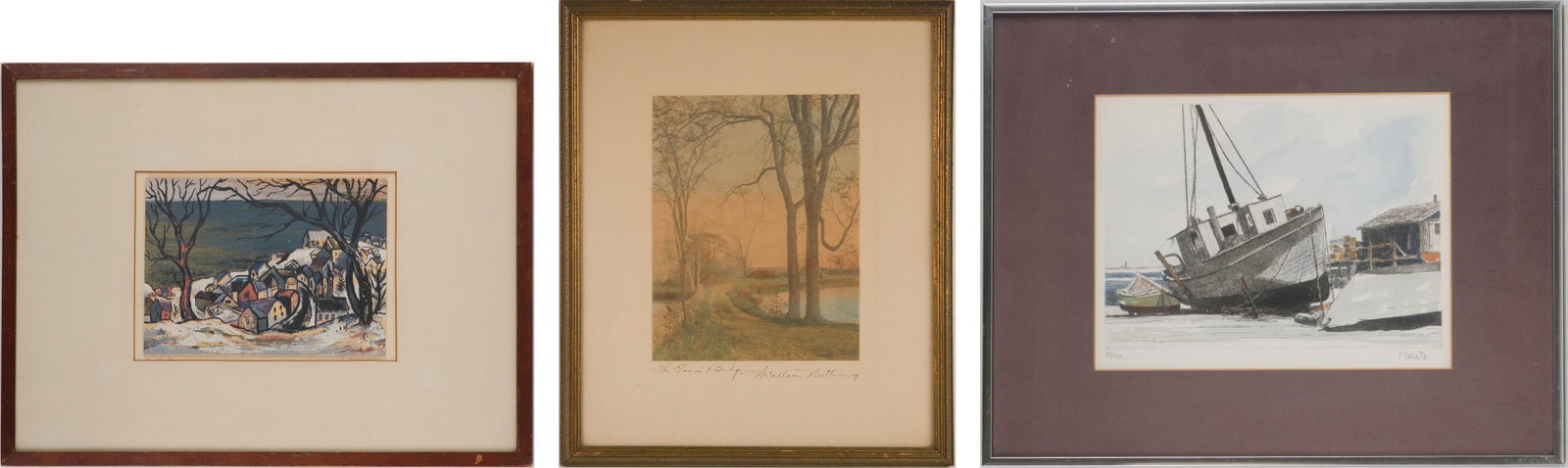 Hyman Warsager, 1909-1974, Near the Sea, Silkscreen Print: Hyman Warsager 1909-1974 Near the Sea Silkscreen Print Signed in pencil l.r. inscribed verso. Together with a print by Wallace Nutting titled, "The Farm Bridge" and a lithograph of a fishing boat on l