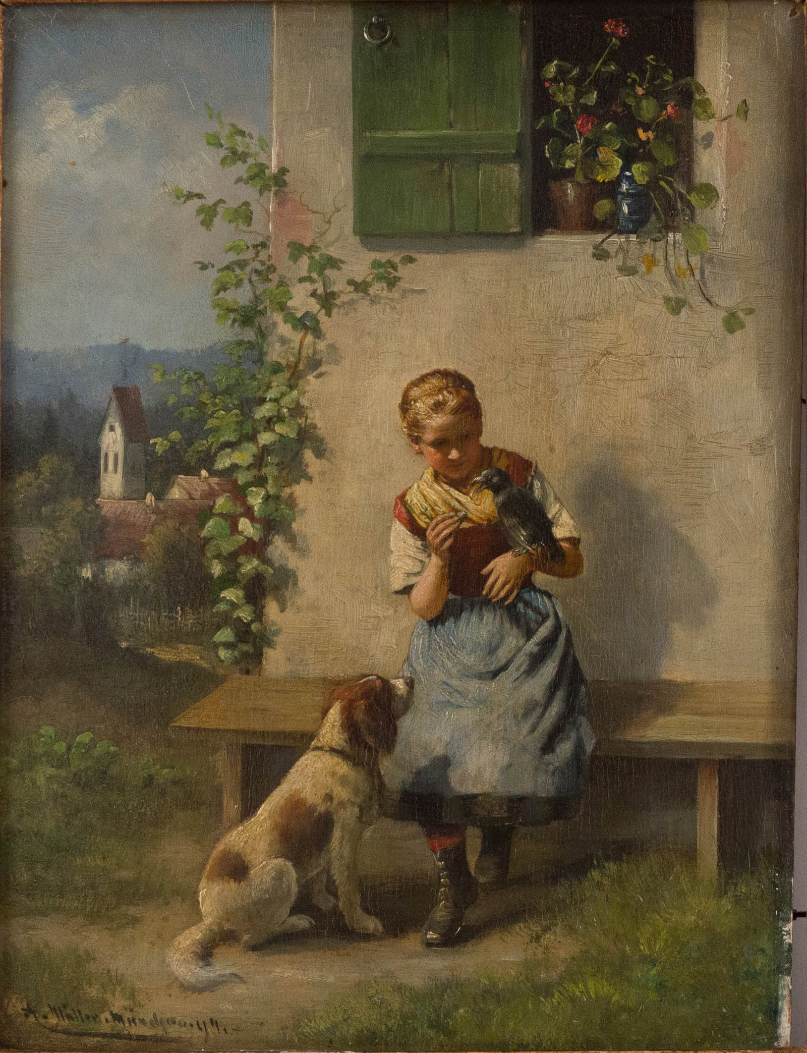 A Muller, Girl and Dog Feeding a Crow, Oil on Board (1 of 6)