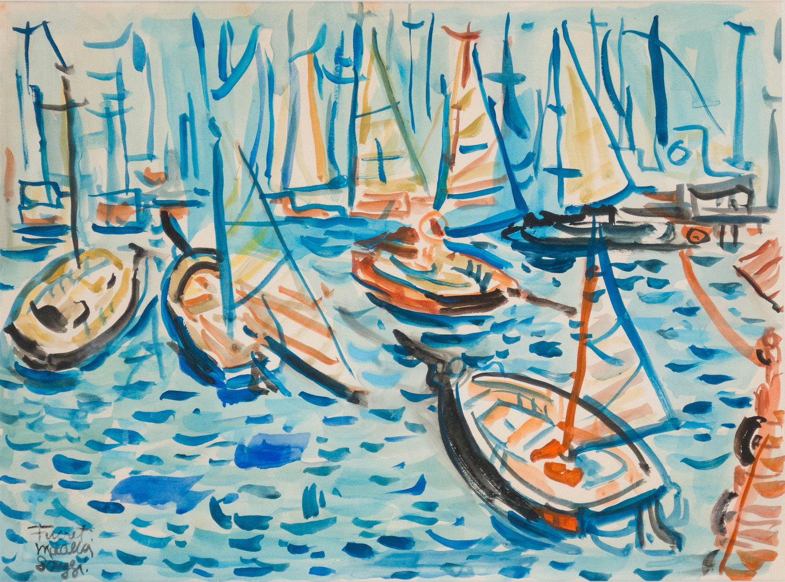 Fikret Mualla, 1903-1967, Sailboats in Harbor, Watercolor on Paper: Fikret Mualla 1903-1967 Sailboats in Harbor Watercolor on Paper Signed l.l. Sight: 11 1/2 x 15 1/4 in. (29.2 x 38.7 cm.), Frame: 19 1/2 x 23 1/4 in. (49.5 x 59.1 cm.)