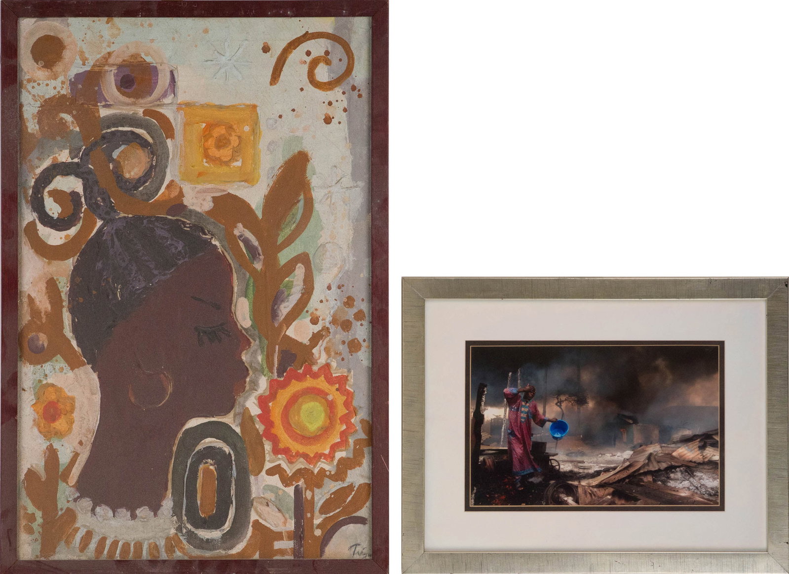 Akintunde Akinleye, Aftermath of a Pipeline Explosion, Color Photograph: Akintunde Akinleye Aftermath of a Pipeline Explosion Color Photograph Together with modern portrait of an African girl, oil on canvas, signed l.r. Sights: 7 x 11 and 23 3/4 x 15 3/4, Frame: 13 1/4 x 1
