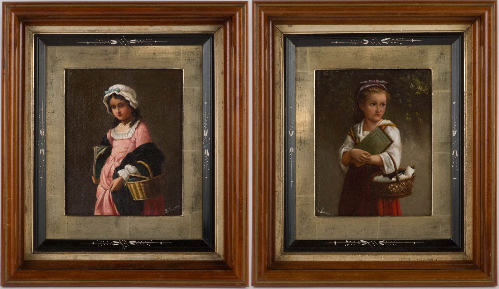 Two Portraits of Girls with Baskets, Oil on Canvas: Two Portraits of Girls with Baskets Oil on Canvas Both signed illegibly. Sight: 7 3/4 x 6 1/4 in. (19.7 x 15.9 cm.), Frame: 14 1/2 x 12 1/2 x 3 1/2 in. (36.8 x 31.8 x 8.9 cm.)