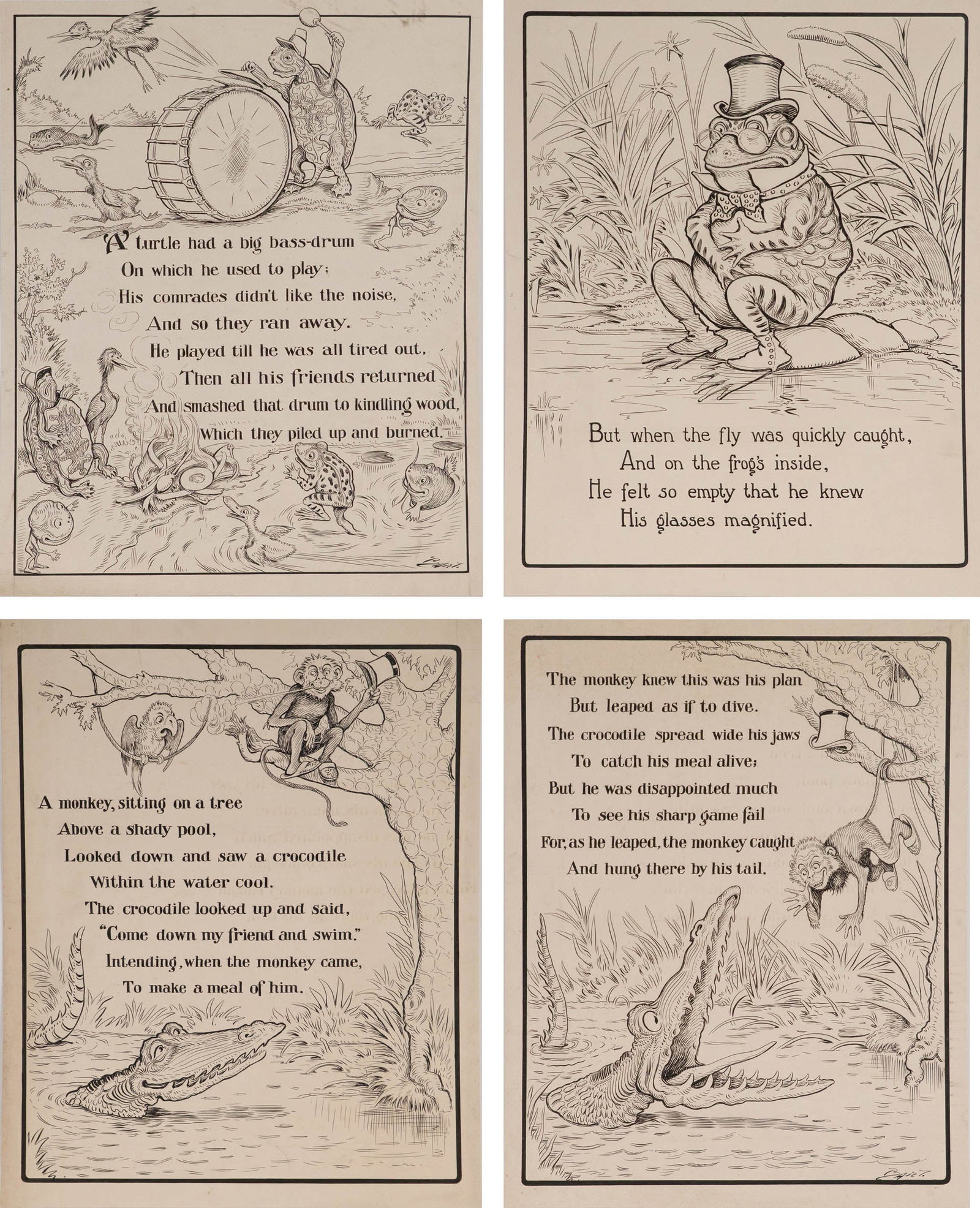 Charles L Bartholomew, American 1860-1949, Four Pirate Frog Illustrations, Ink on Cardstock (1 of 13)