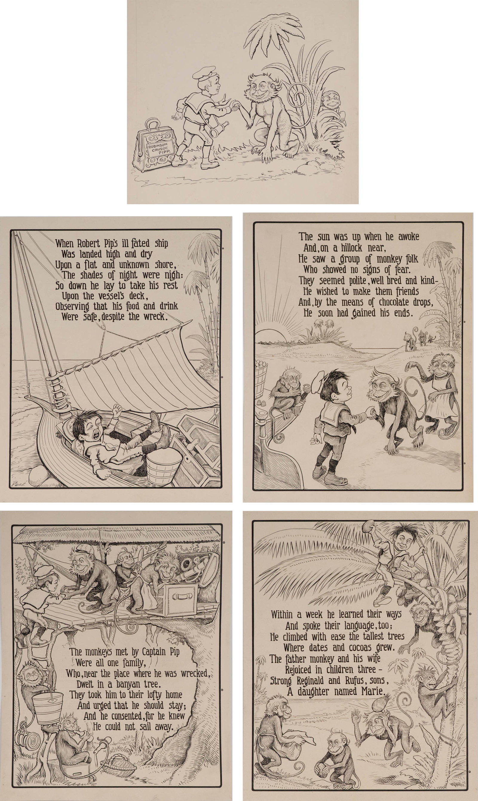 Charles L Bartholomew, American 1860-1949, Five Pirate Frog Illustrations, Ink on Cardstock (1 of 16)