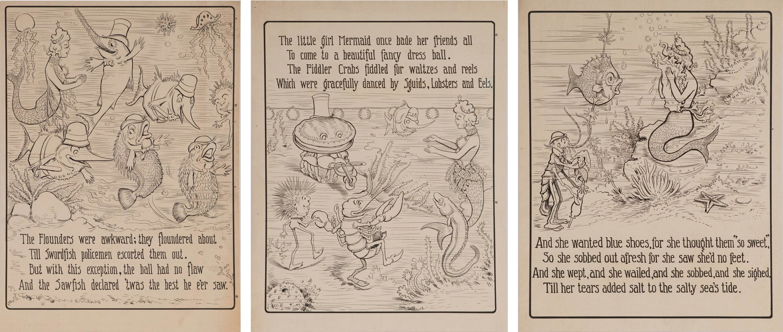 Charles L Bartholomew, American 1860-1949, Three Pirate Frog Illustrations, Ink on Cardstock (1 of 10)