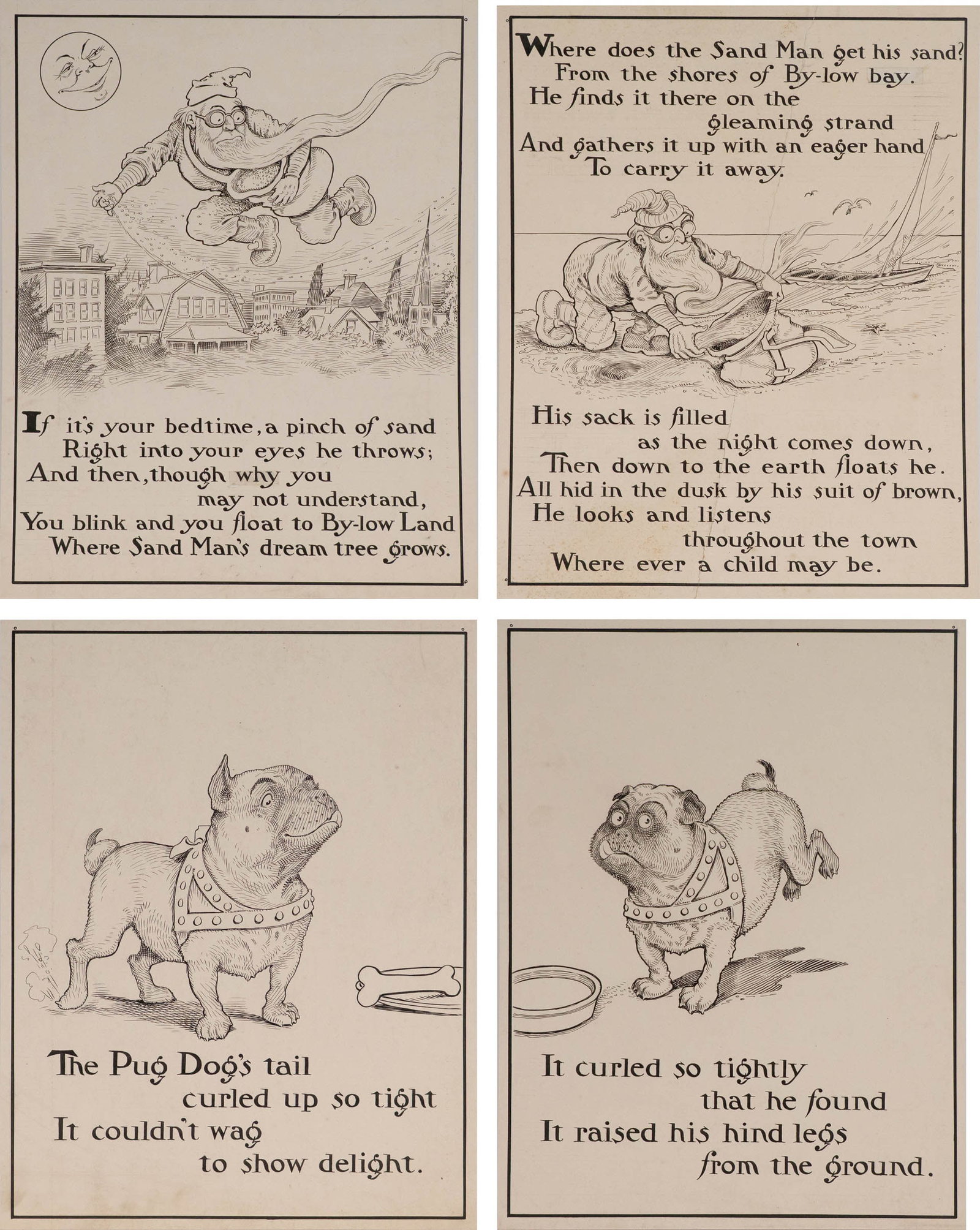Charles L Bartholomew, American 1860-1949, Four Illustrations, Ink on Cardstock: Charles L Bartholomew American, 1860-1949 Four Illustrations Ink on Cardstock Comprising, Pug and the Sandman. Each Approx. 17 1/2 x 13 3/4 in. (44.5 x 34.9 cm.)