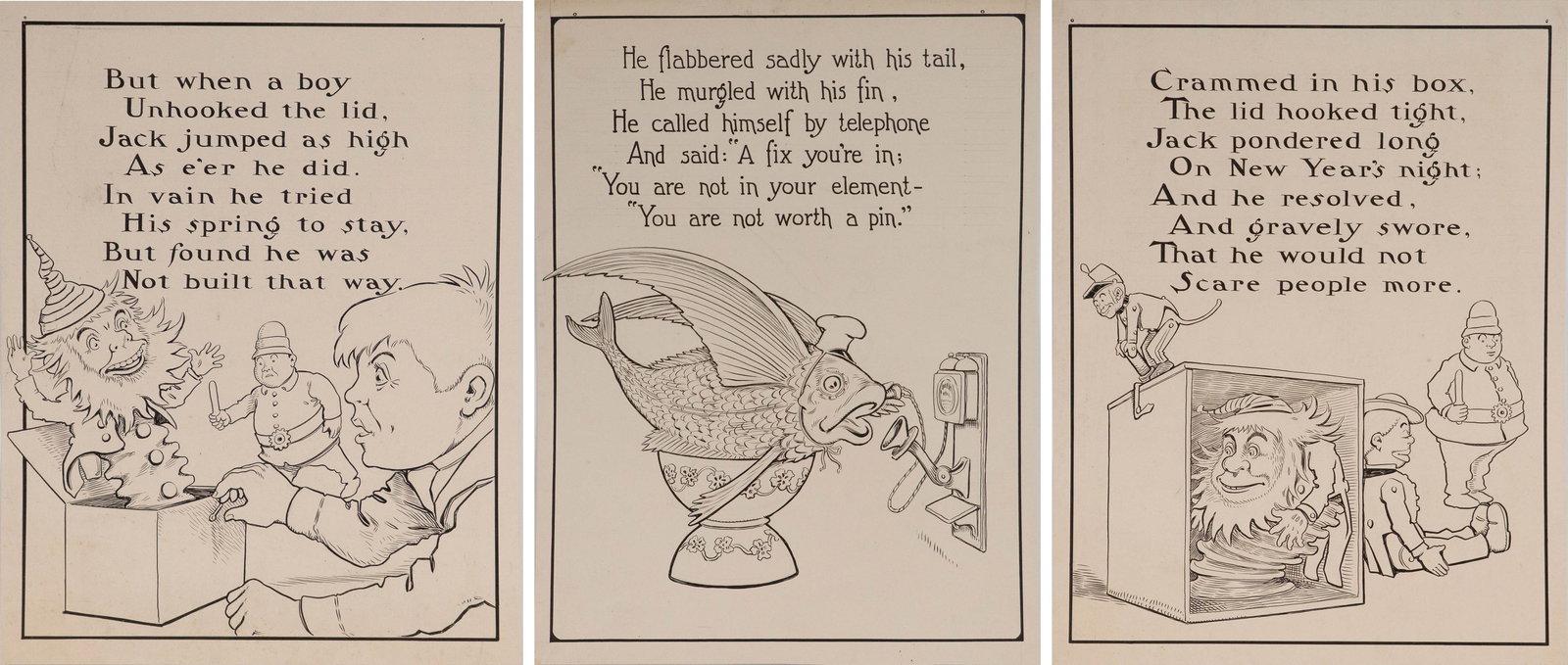 Charles L Bartholomew, American 1860-1949, Three Illustrations, Ink on Cardstock: Charles L Bartholomew American, 1860-1949 Three Illustrations Ink on Cardstock Comprising, a Jack in the Box, and a Fish on the Phone. Each Approx. 17 1/2 x 13 3/4 in. (44.5 x 34.9 cm.)