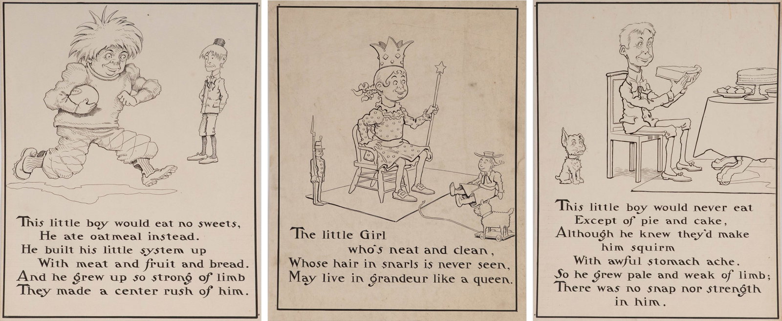 Charles L Bartholomew, American 1860-1949, Three Illustrations, Ink on Cardstock: Charles L Bartholomew American, 1860-1949 Three Illustrations Ink on Cardstock Comprising, a Girl who's Neat and Clean, a Boy would eat no sweets, and The Little Boy would never eat except for Pie and