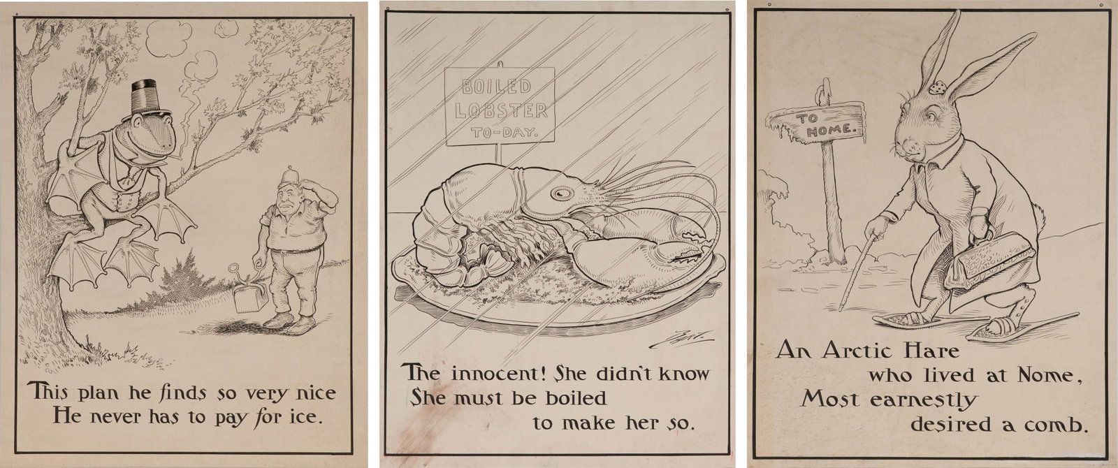 Charles L Bartholomew, American 1860-1949, Three Illustrations, Ink on Cardstock: Charles L Bartholomew American, 1860-1949 Three Illustrations Ink on Cardstock Comprising, the Artic Hare, Frog in Tree, and Boiled Lobster. Each Approx. 17 1/2 x 13 3/4 in. (44.5 x 34.9 cm.)