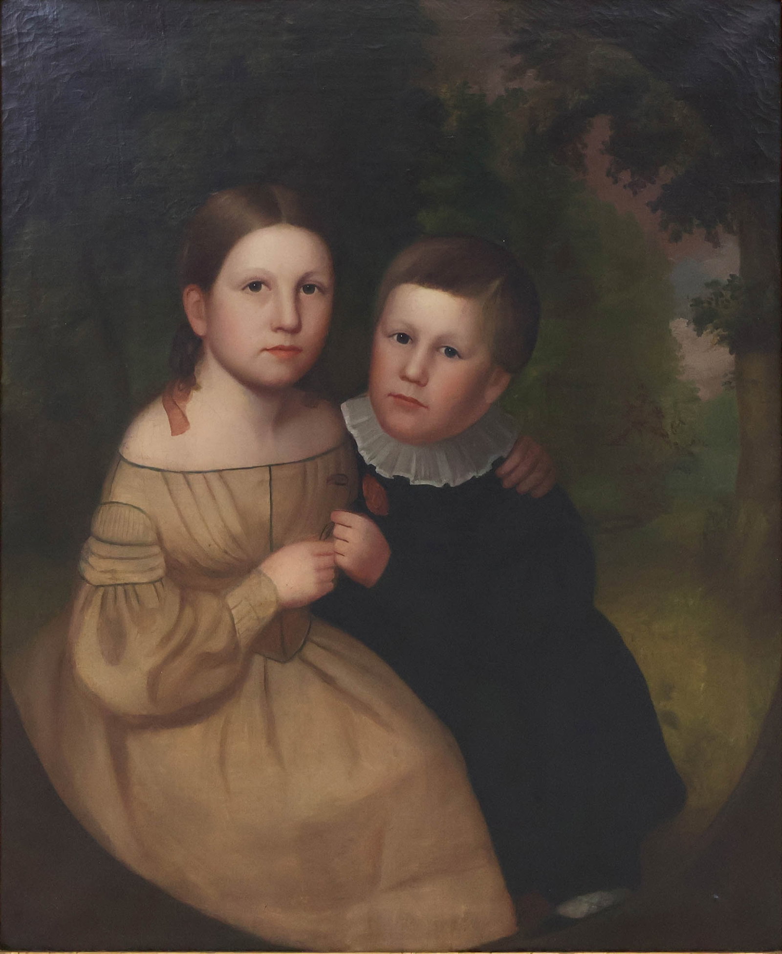 Portrait of a Boy and Girl, Oil on Canvas: Portrait of a Boy and Girl Oil on Canvas Probably American, 19th C. appears to be unsigned. Sight: 35 x 29 1/4 in. (88.9 x 74.3 cm.), Frame: 44 3/4 x 38 1/4 in. (113.7 x 97.2 cm.)