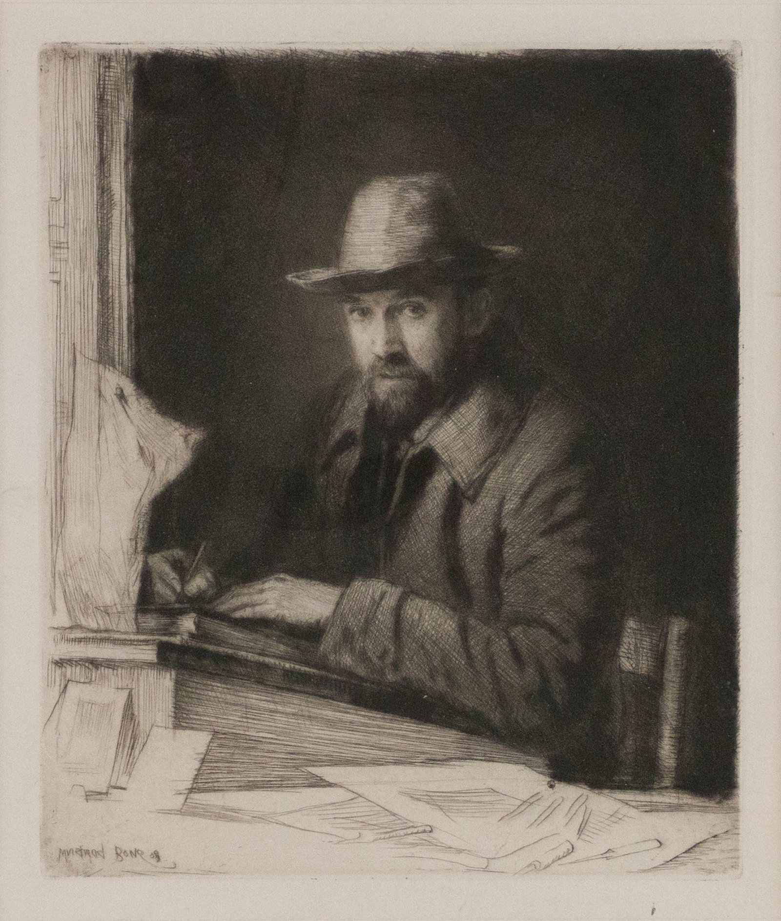 Muirhead Bone, English 1876-1953, Portrait of the Artist in a Hat, No. 2, Drypoint: Muirhead Bone English, 1876-1953 Portrait of the Artist in a Hat, No. 2 Drypoint 1908, as published in Etchings and Drypoints of Muirhead Bone, Campbell Dodgson, London, Signed and dated in the plate
