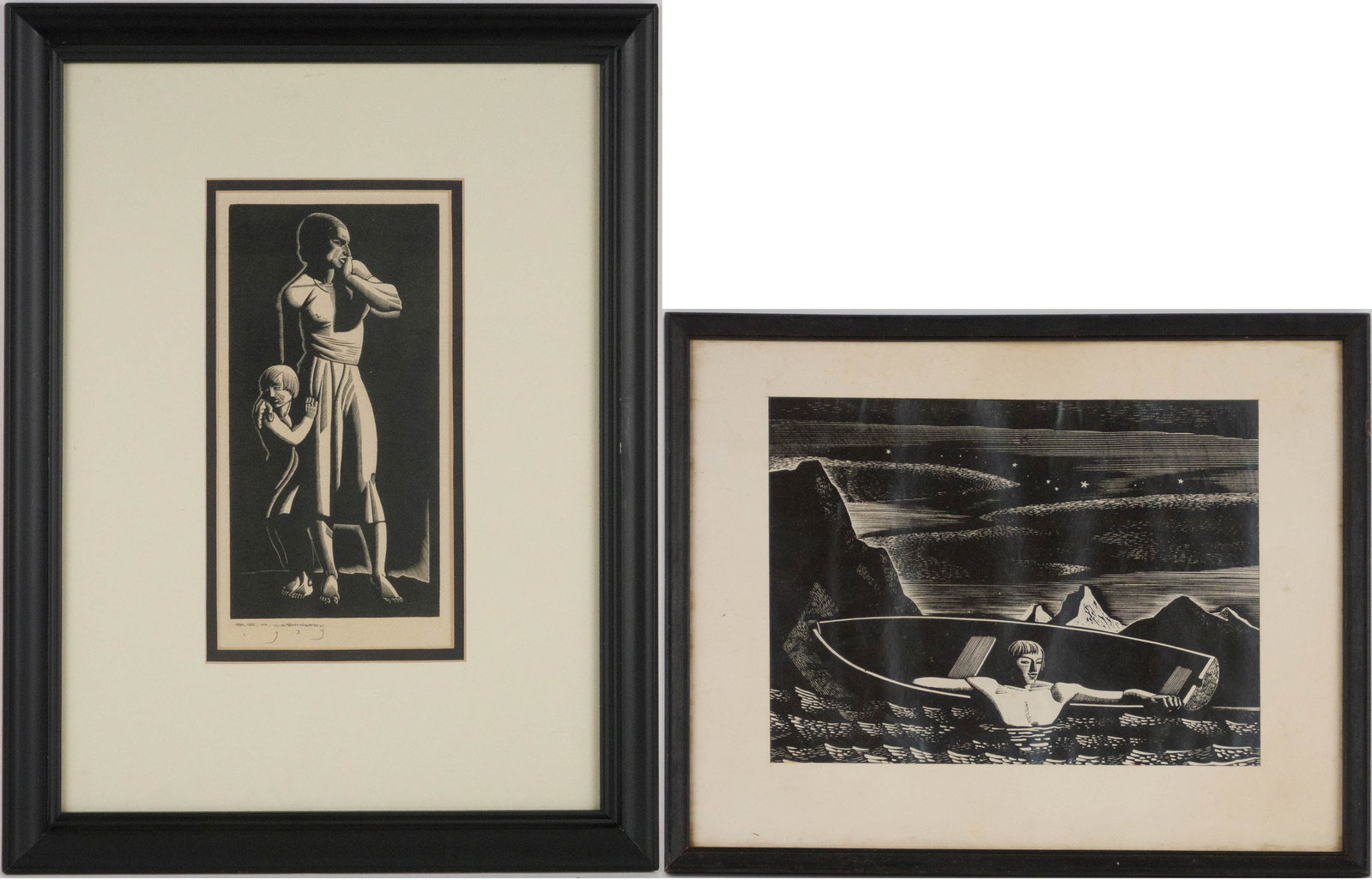 Earl M. Washington, 1962-, Mother & Child, Woodblock Print: Earl M. Washington 1962- Mother & Child Woodblock Print Signed in pencil l.r., dated 1939. Together with a print after Rockwell Kent, titled "Deep Water", unsigned. Sights: 9 1/2 x 5 and 7 3/4 x 10 1/