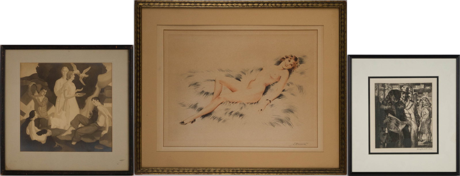 Douglas Warner Gorsline, American 1913-1985, Express Stop, Etching: Douglas Warner Gorsline American, 1913-1985 Express Stop Etching Signed in pencil l.r. Together with a boudoir print signed in pencil l.r. "S. Meunier 56", Suzanne Meunier and a Art Deco style print