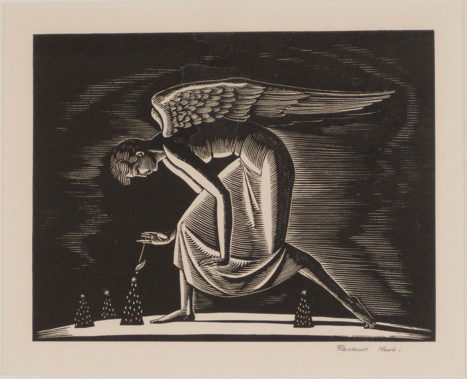 Rockwell Kent, 1882-1971, Angel, Engraving: Rockwell Kent 1882-1971 Angel Engraving Signed in pencil l.r. Sight: 5 3/4 x 7 1/4 in. (14.6 x 18.4 cm.), Frame: 14 x 15 in. (35.6 x 38.1 cm.) Born in 1882, American artist Rockwell Kent is best kno