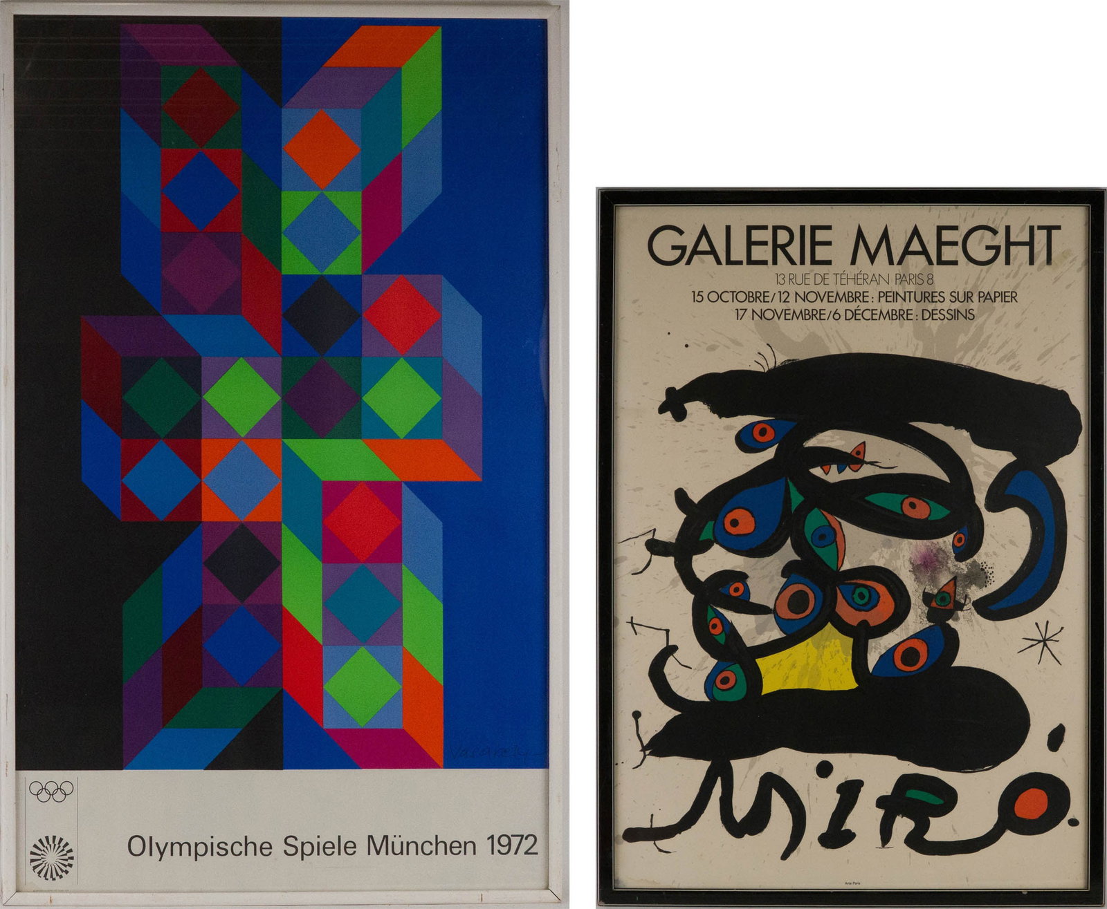 After Joan Miro, Spanish 1893-1983, Galerie Maeght, Poster: After Joan Miro Spanish, 1893-1983 Galerie Maeght Poster 15 Octobre/12 Novembre: Peintures Sur Papier. Together with a Victory Vasarely Poster for Olympiche Spiele Munchen 1972. Sights: 31 1/4 x 21