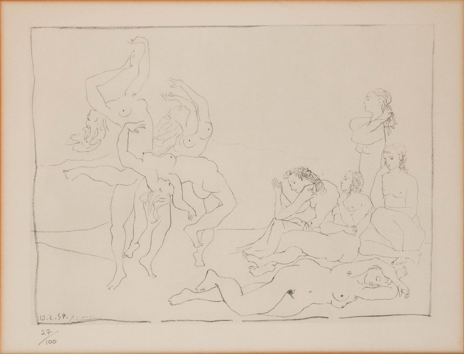 After Pablo Picasso, Spanish 1881-1973, Danses (Dances), Lithograph: After Pablo Picasso Spanish, 1881-1973 Danses (Dances) Lithograph Signed in the plate l.l., numbered 27/100. Sight: 13 x 16 1/2 in. (33 x 41.9 cm.), Frame: 19 1/2 x 23 in. (49.5 x 58.4 cm.) One of t