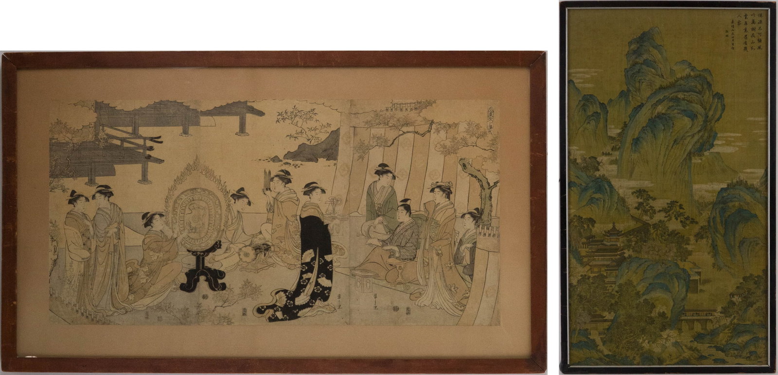 Women at Various Pursuits, Woodblock Print: Women at Various Pursuits Woodblock Print Chinese or Japanese. Together with a print on fabric of a mountain scene. Sights: 14 3/4 x 29 and 23 x 12 3/4, Frame: 21 x 35 and 24 x 13 3/4