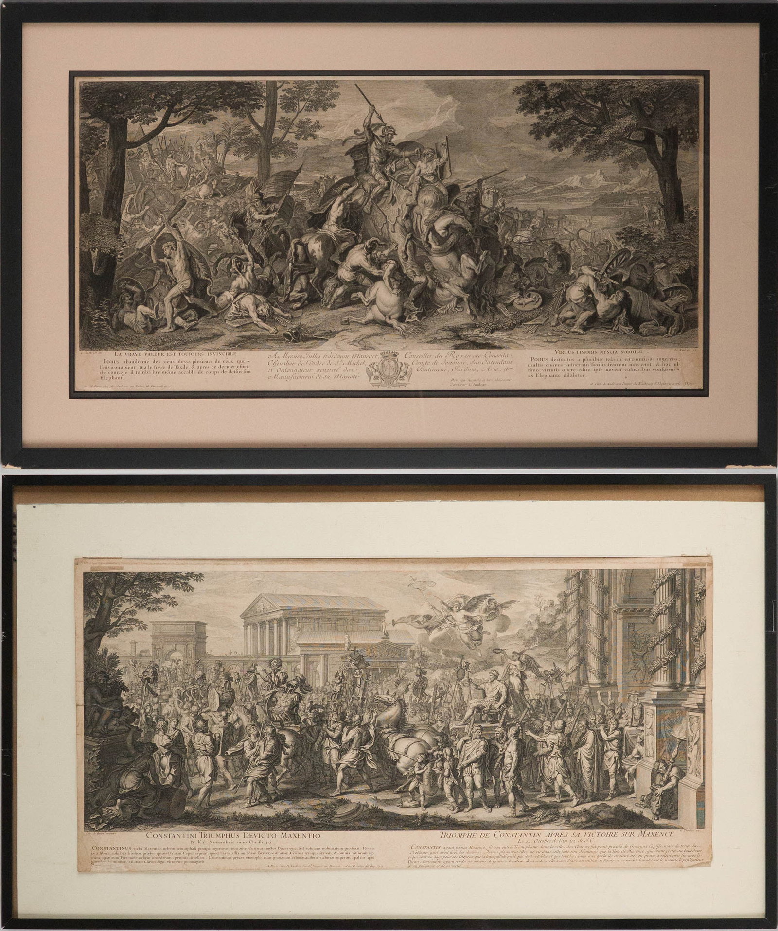 Two Classical Battle Scenes, Engravings: Two Classical Battle Scenes Engravings One by Jean Audran the other by N. Tardieu. Sight: 11 1/2 x 23 3/4 in. (29.2 x 60.3 cm.), Frame: 17 x 29 1/2 in. (43.2 x 74.9 cm.)