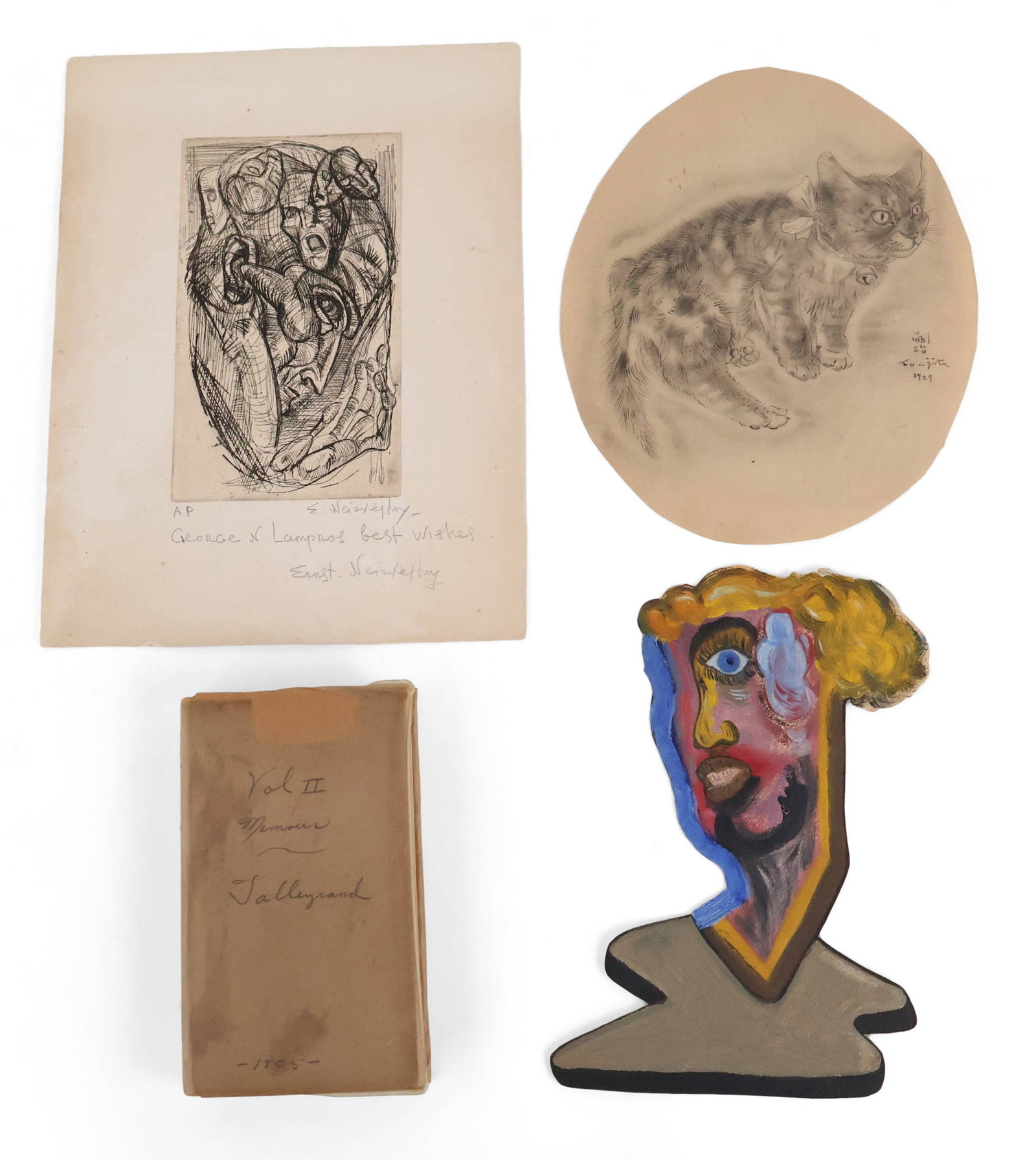 Ernst Neizvestny, 1925-2016, Abstract Portrait, Artist's Proof: Ernst Neizvestny 1925-2016 Abstract Portrait Artist's Proof Signed in pencil l.r. Together with a cut out abstract portrait of a woman, a print of a cut by Leonard Tsuguharu Foujita, dated 1929 and a