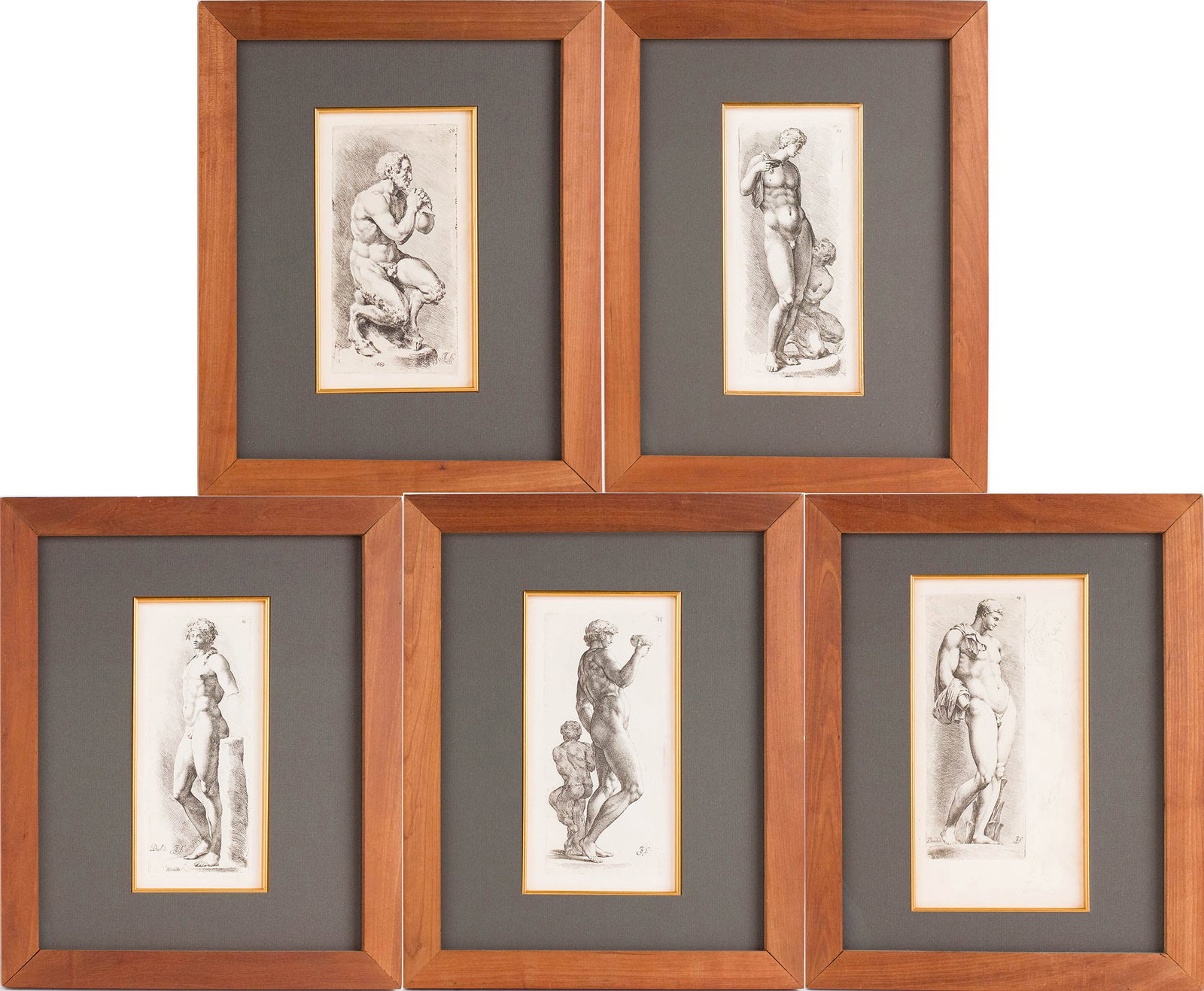 Jan "de" Bisschop, 1628-1671, Five Classical, Prints: Jan "de" Bisschop 1628-1671 Five Classical Prints One titled "Dionysus with a Crouching Satyr", "Pan", "Dionysus", "Bacchus", and "Hermes". Provenance: Property from a Private New York and German