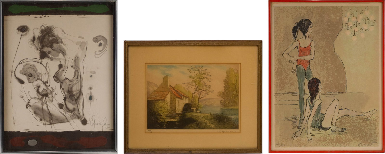 Richard Michael Gorman Powers, 1921-1996, Woman, Lithograph: Richard Michael Gorman Powers 1921-1996 Woman Lithograph Signed in pencil l.r. and numbered 199/260. Together with a lithograph titled "Young Ballerinas" by Brad Bennett and print of a house by the ri