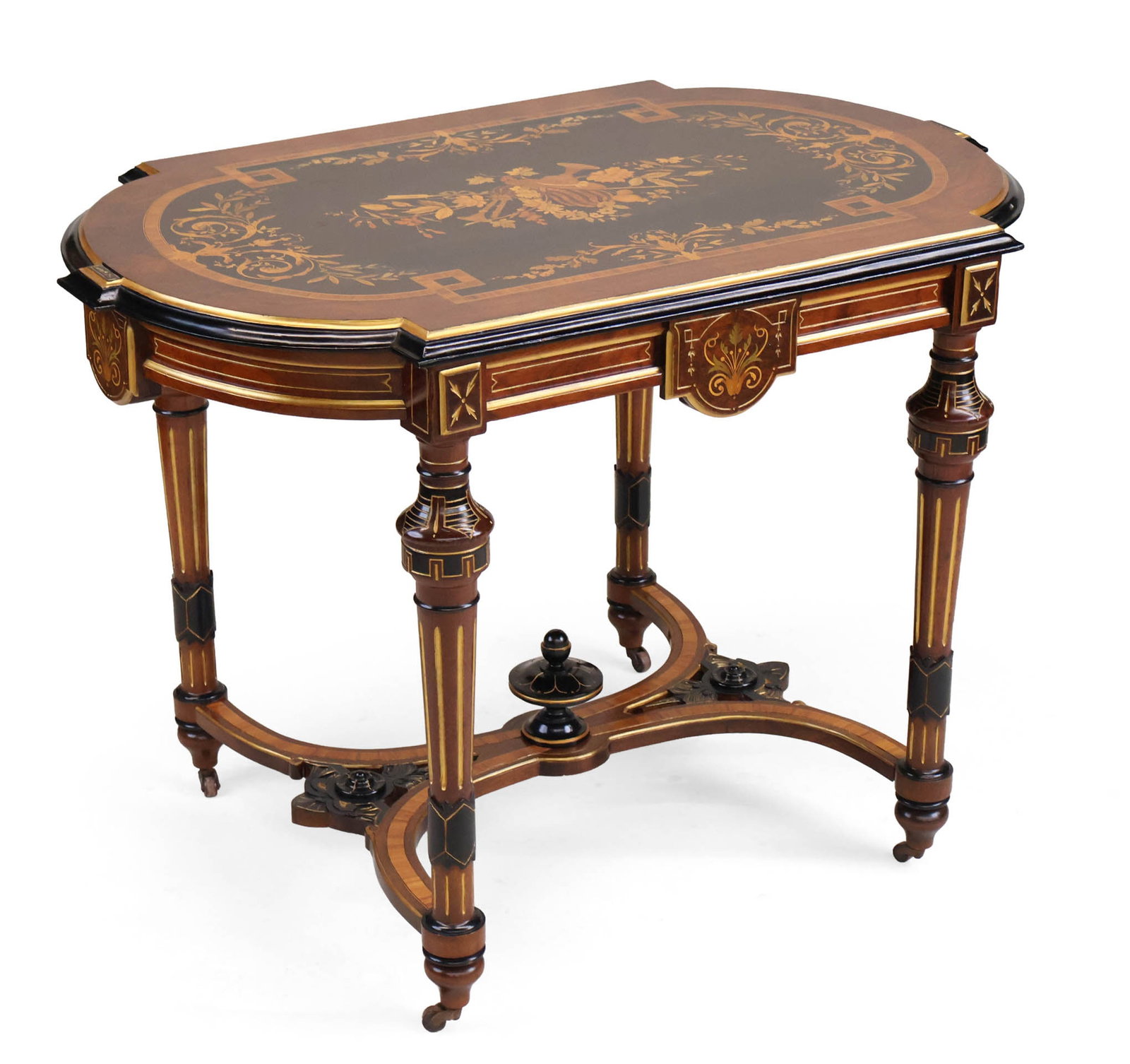 Victorian Parcel-Gilt and Part-Ebonized Center Table: Victorian Parcel-Gilt and Part-Ebonized Center Table American, 19th/20th C. with elaborate inlay. 30 x 42 1/4 x 26 1/2 in. (76.2 x 107.3 x 67.3 cm.)