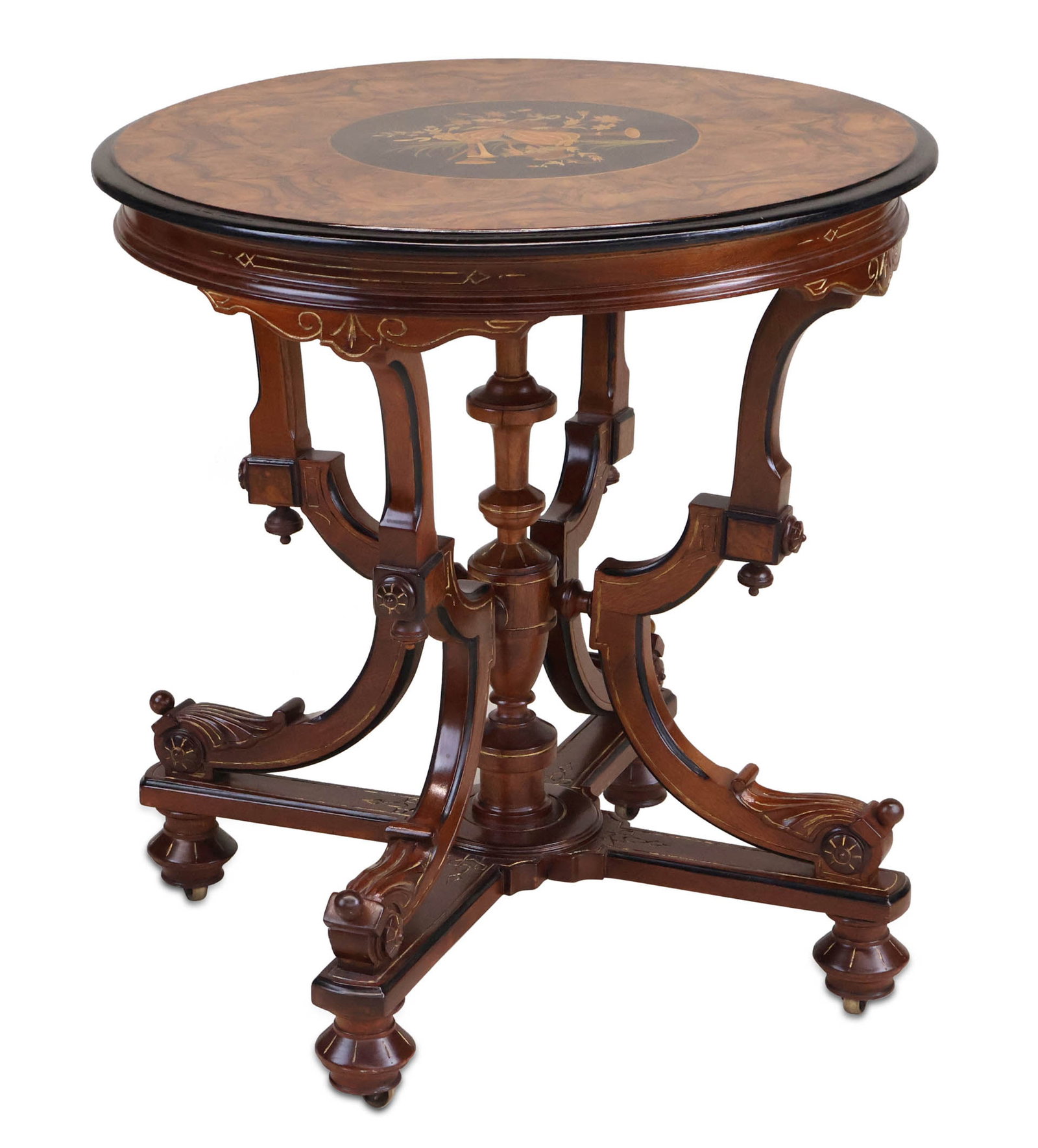 Victorian Parcel-Gilt and Part-Ebonized Occasional Table: Victorian Parcel-Gilt and Part-Ebonized Occasional Table American, 19th/20th C. with elaborately inlaid top. 29 1/2 x 27 1/4 in. (74.9 x 69.2 cm.)