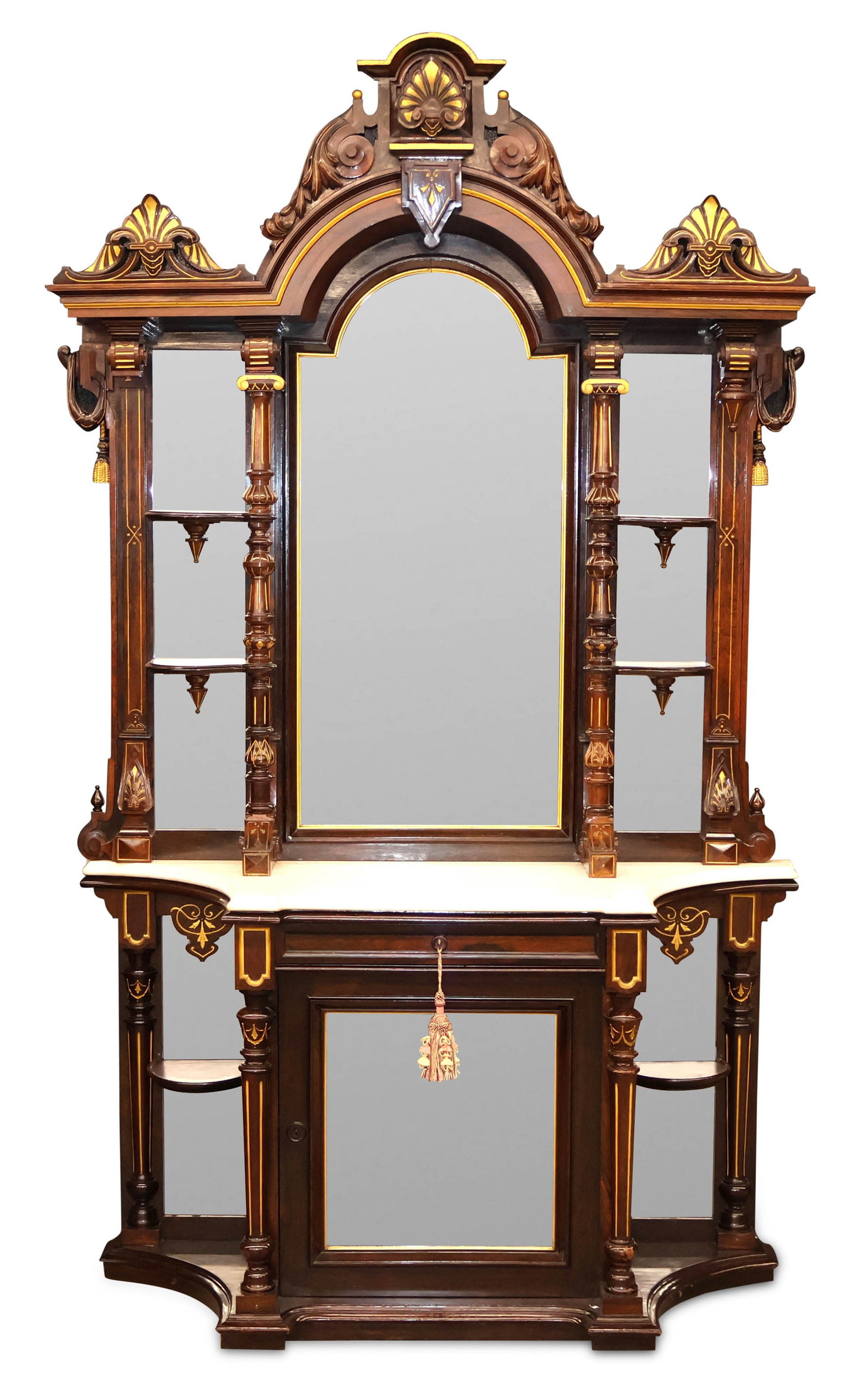Renaissance Revival Parcel-Gilt Rosewood Etagere Console: Renaissance Revival Parcel-Gilt Rosewood Etagere Console American, 19th C. with mirrored back, marble top, and shelves. 98 x 58 1/2 x 18 1/2 in. (248.9 x 148.6 x 47 cm.)