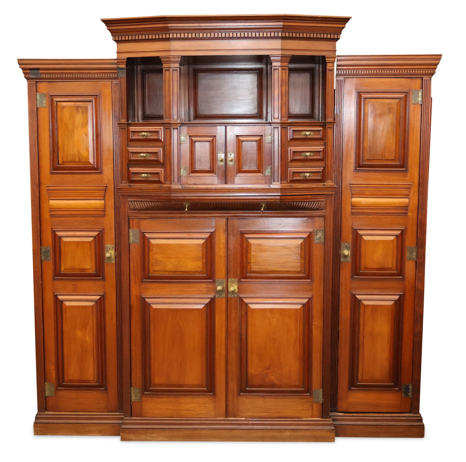 Victorian Figured Walnut Wardrobe: Victorian Figured Walnut Wardrobe Late 19th C. Losses, surface distress. 89 1/4 x 88 x 23 1/2 in. (226.7 x 223.5 x 59.7 cm.)