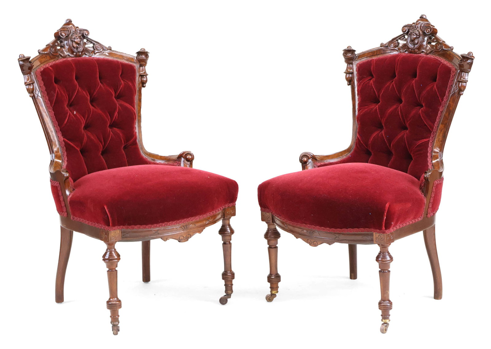 Pair of Victorian Carved Walnut Parlor Chairs: Pair of Victorian Carved Walnut Parlor Chairs Late 19th C. with red velvet upholstery. 38 x 21 x 21 1/2 in. (96.5 x 53.3 x 54.6 cm.)