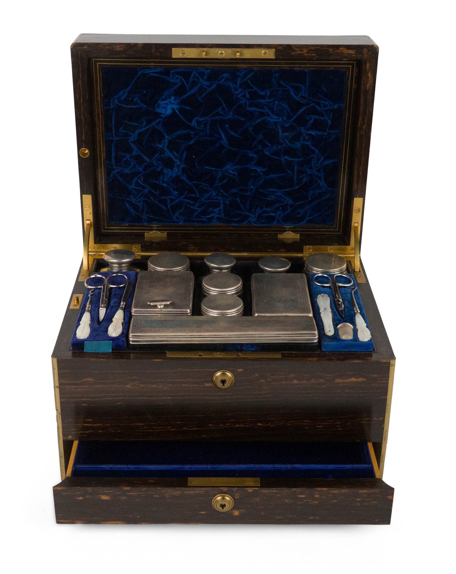 Victorian Calamander Vanity Box: Victorian Calamander Vanity Box Made by Howell & James, London England. Fitted with .925 Sterling lidded glass boxes, and leather outer case. 8 x 12 x 9 1/4 in. (20.3 x 30.5 x 23.5 cm.)