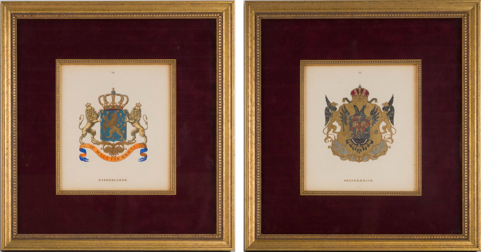 Two Coat of Arms, Hand Colored Etchings: Two Coat of Arms Hand Colored Etchings Comprising, the Netherlands and the Austrian Empire. Sight: 8 x 7 in. (20.3 x 17.8 cm.), Frame: 15 3/4 x 14 3/4 in. (40 x 37.5 cm.)