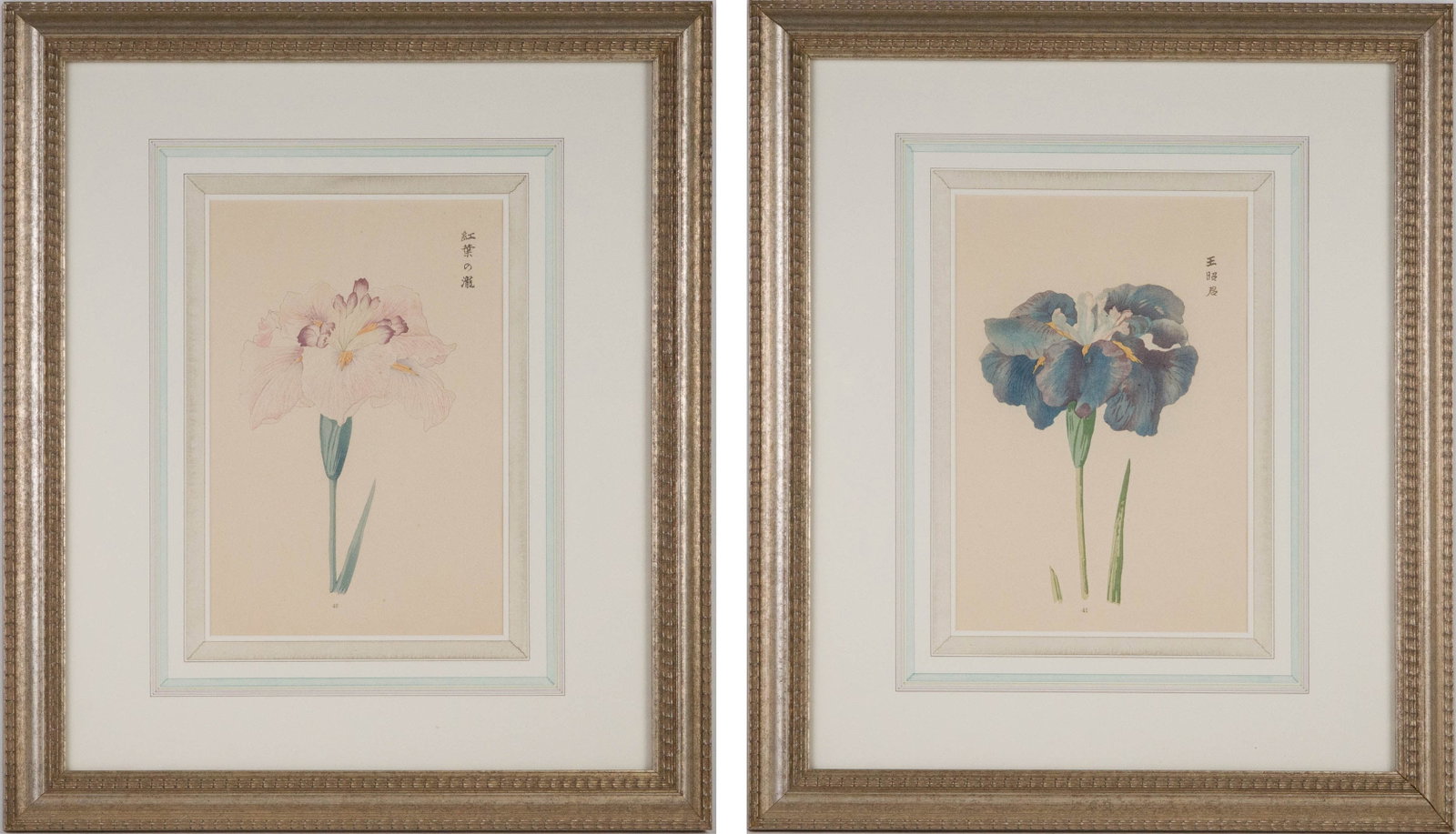 Two Japanese Iris, Woodblock Prints: Two Japanese Iris Woodblock Prints Signed u.l. Sight: 11 x 7 1/4 in. (27.9 x 18.4 cm.), Frame: 20 3/4 x 17 3/4 in. (52.7 x 45.1 cm.)