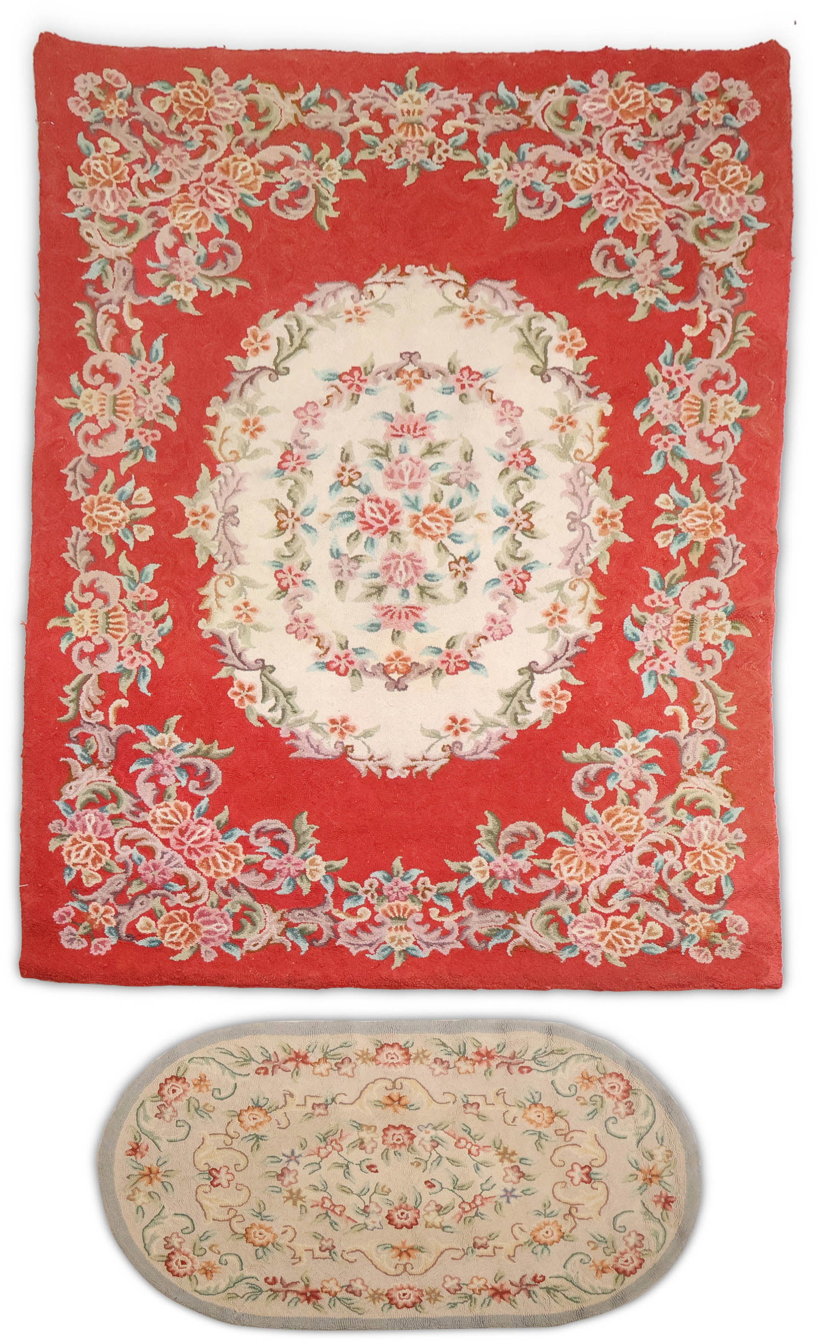 Two Vintage Hooked Rugs: Two Vintage Hooked Rugs Chinese, mid-20th C. 58 x 35 1/4 in. (147.3 x 89.5 cm.) and 8'11"l x 5'11-1/2"w