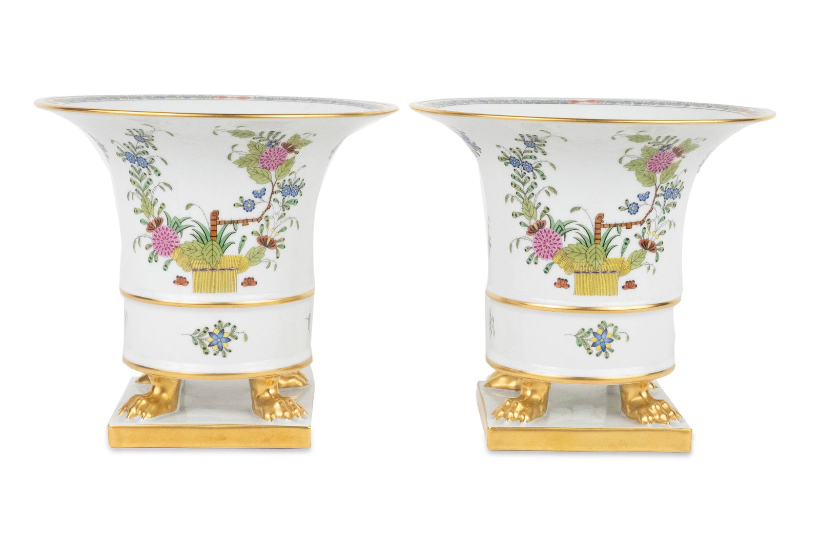 Pair of Herend "Indian Basket" Vases: Pair of Herend "Indian Basket" Vases Multicolor, with claw feet on a plinth. 7 1/4 x 8 in. (18.4 x 20.3 cm.)
