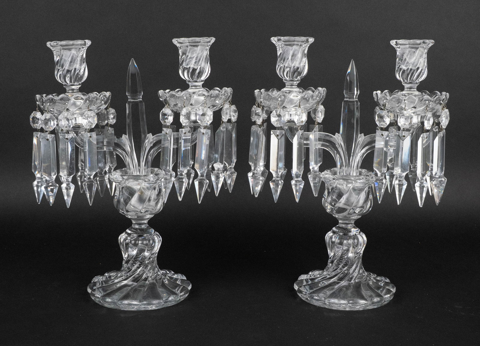 Pair of Baccarat Bambous Two-Light Candelabra: Pair of Baccarat Bambous Two-Light Candelabra Stamped Baccarat on the bobeche. 12 1/2 x 9 1/2 x 5 1/4 in. (31.8 x 24.1 x 13.3 cm.)