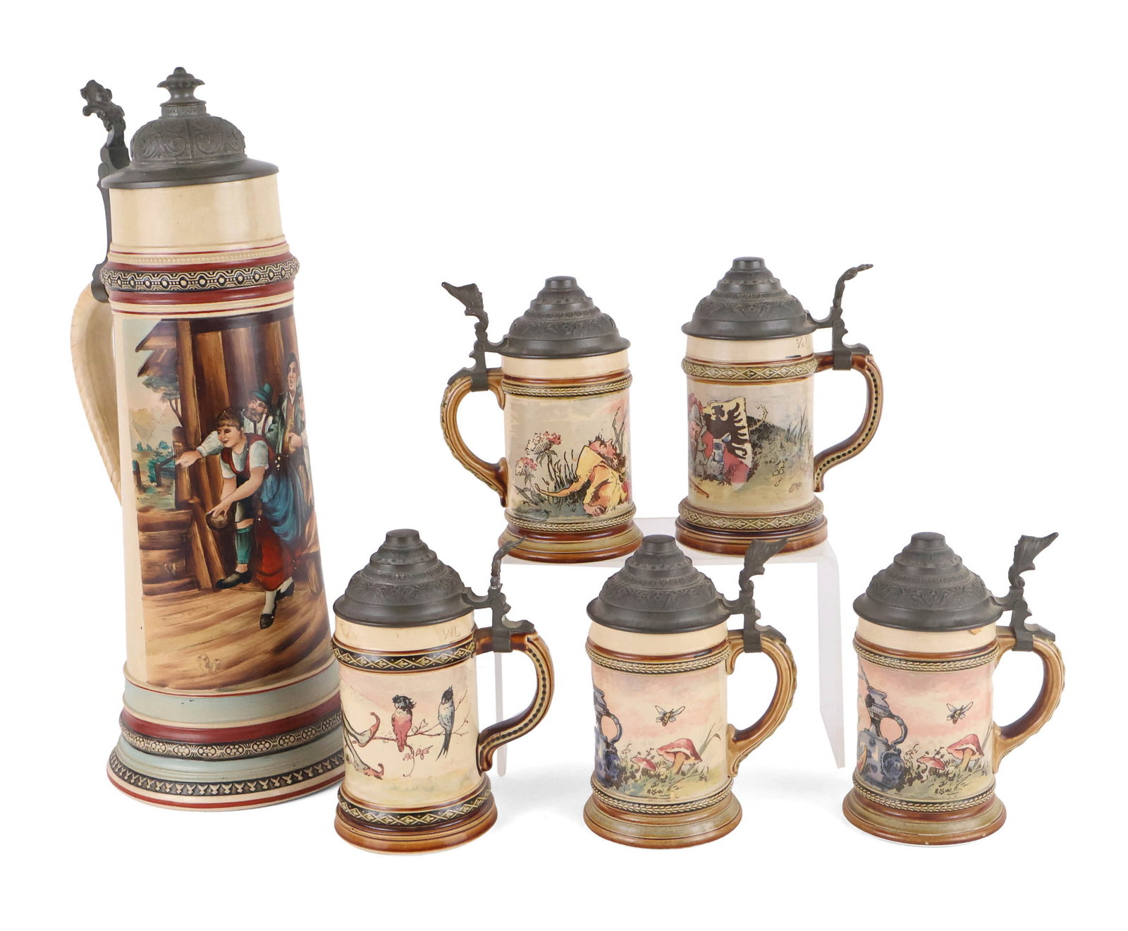 Five Mettlach Pictorial Quarter Liter Steins (1 of 13)