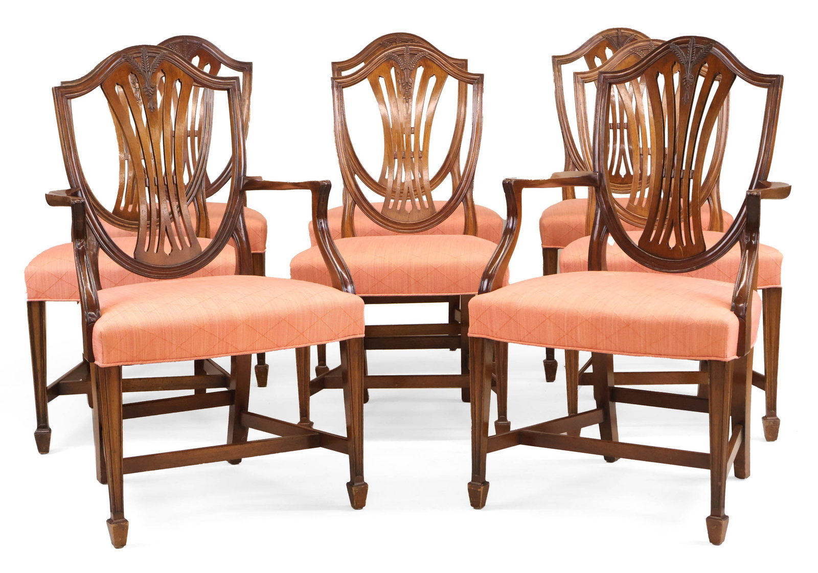 Eight Federal Style Shield Back Dining Chairs: Eight Federal Style Shield Back Dining Chairs Comprising, two arms and six sides. Side: 38 1/2 x 21 x 18 1/2 in. (97.8 x 53.3 x 47 cm.)
