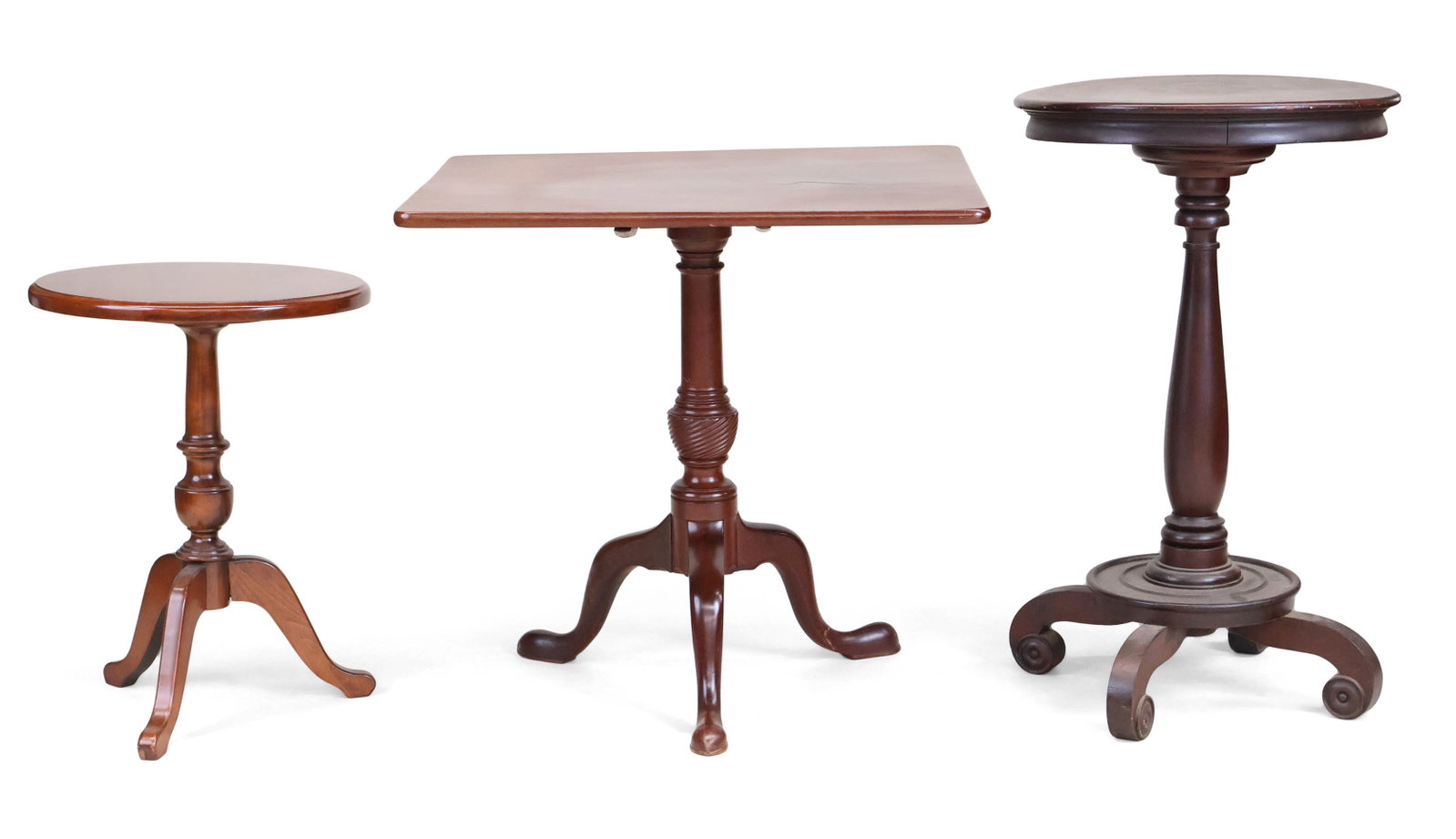 Federal Style Mahogany Square Top Candlestand: Federal Style Mahogany Square Top Candlestand American, 19th/20th C. Together with a mahogany stand and a Victorian mahogany stand. 3 pieces Repair to foot and block of candlestand. From: 22 1/4 x 17