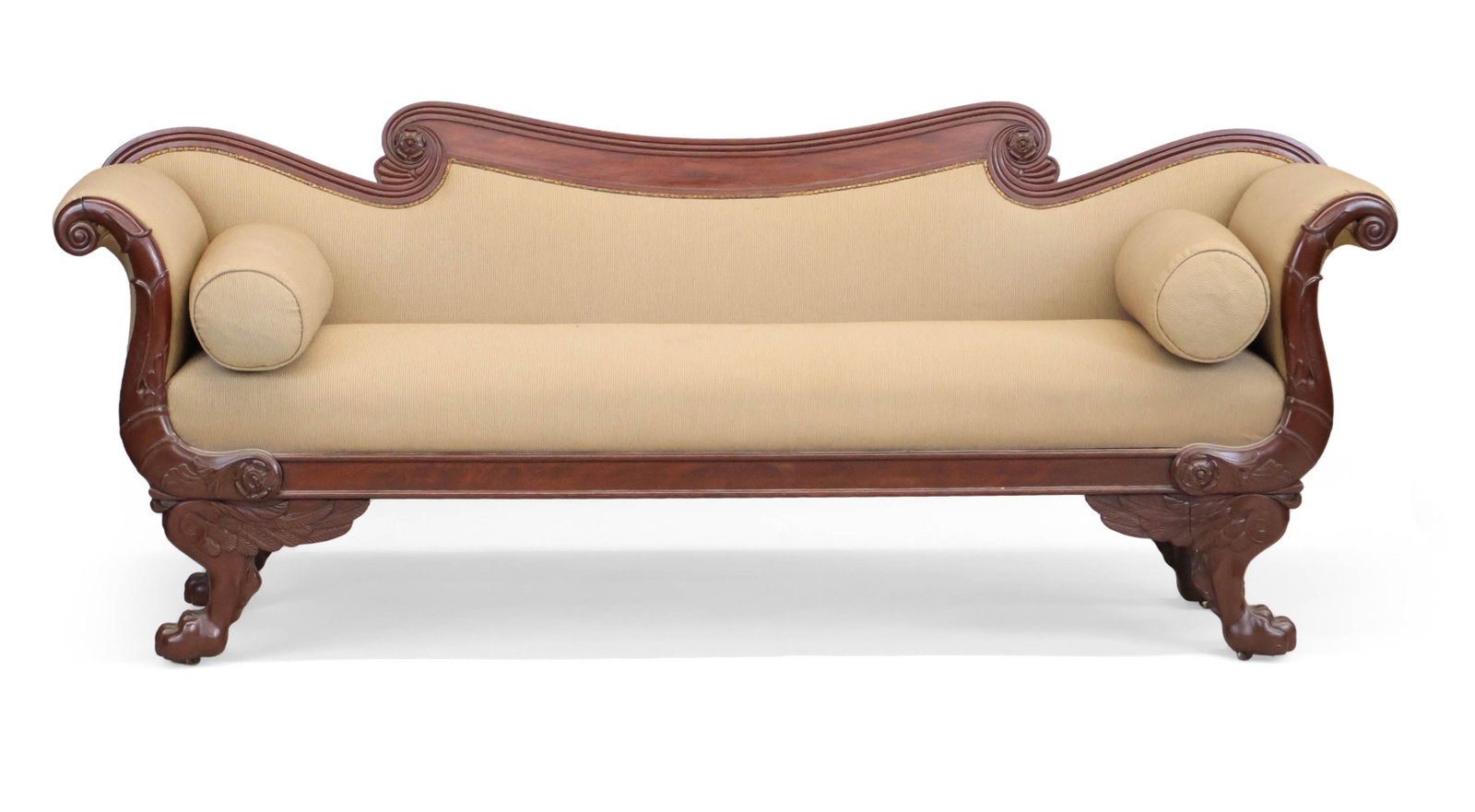 Empire Style Carved Mahogany Sofa: Empire Style Carved Mahogany Sofa American, 20th C. 35 x 87 x 24 in. (88.9 x 221 x 61 cm.)