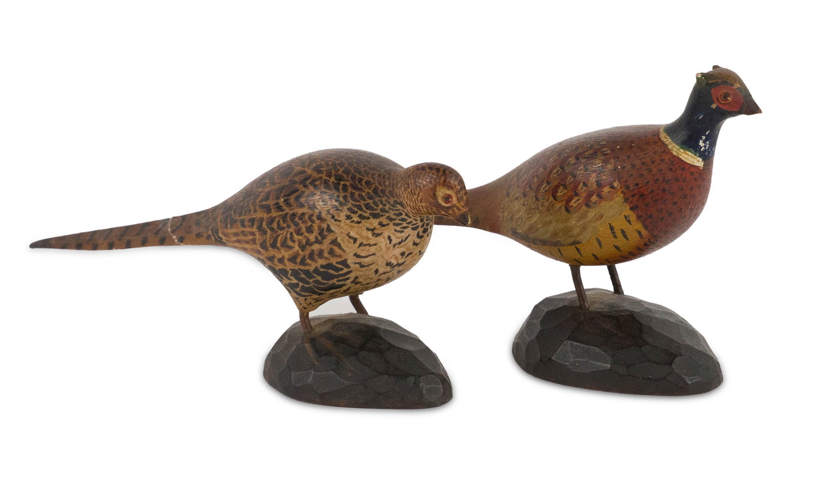 Miniature Male and Female Pheasants by A.J. Ditman: Miniature Male and Female Pheasants by A.J. Ditman New York, (1884-1974), signed on base. Repairs. 3 x 5 1/2 x 1 3/4 in. (7.6 x 14 x 4.4 cm.), and 2 1/4 x 5 1/2 x 1 1/2 in. (5.7 x 14 x 3.8 cm.)