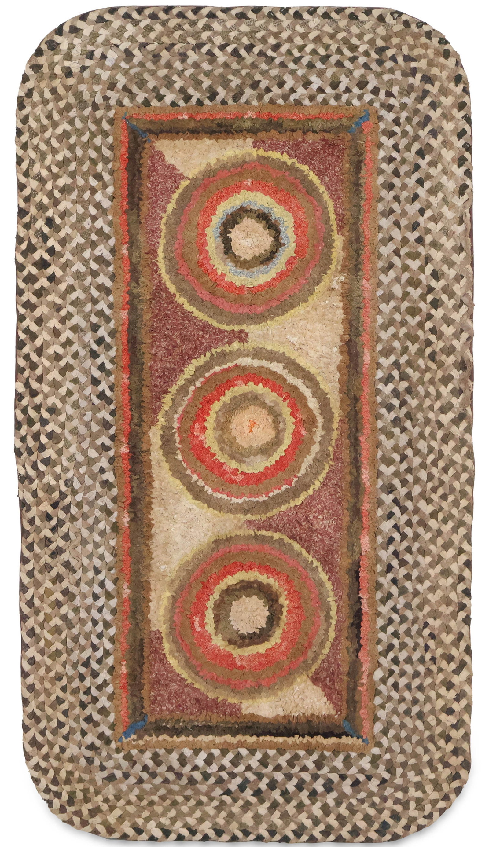 Hooked Rug with Bull's Eyes and Braided Border: Hooked Rug with Bull's Eyes and Braided Border 19th/20th C. Some wear, mounted on wood frame. 26 1/2 x 49 in. (67.3 x 124.5 cm.)