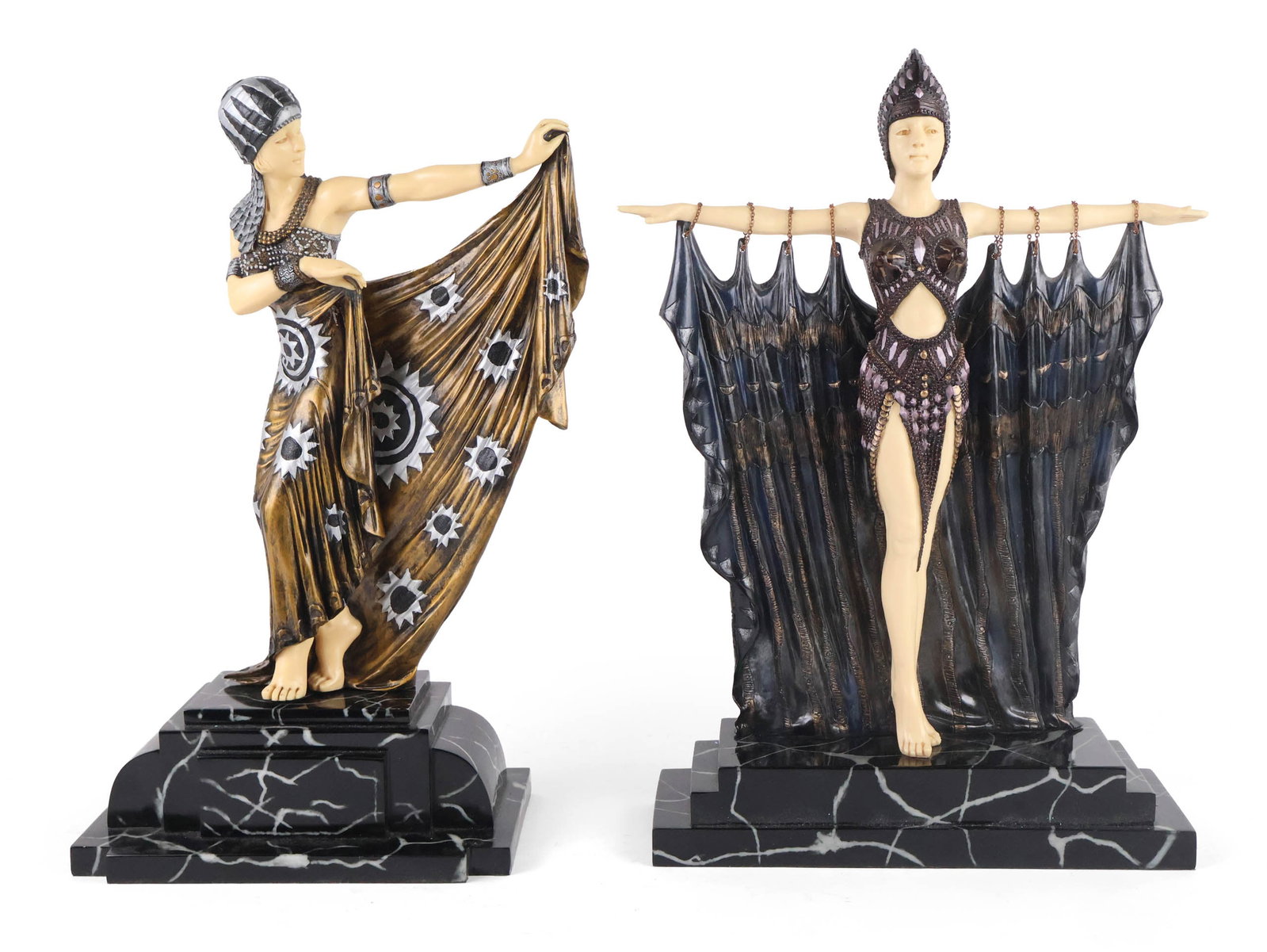Two Art Deco Style Composition Figures of Dancers: Two Art Deco Style Composition Figures of Dancers Both signed Veronese. 18 1/4 x 10 x 7 in. (46.4 x 25.4 x 17.8 cm.), and 18 1/4 x 12 x 4 3/4 in. (46.4 x 30.5 x 12.1 cm.)