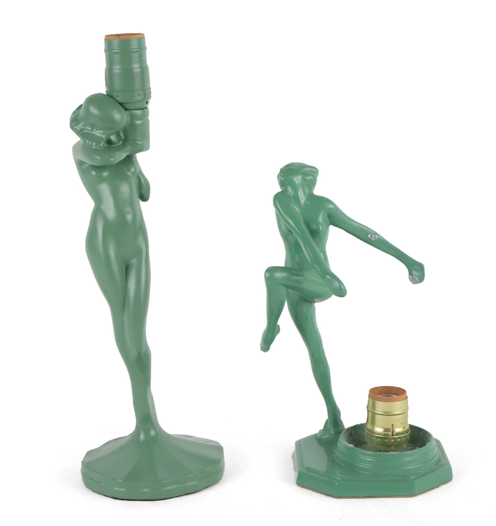Two Art Deco Green Painted Figural Lamps: Two Art Deco Green Painted Figural Lamps One possibly Frankart, L201, marked "DECOWERKS", the other one is similar to Frankart L229. Both missing shades, paint possibly refreshed. 9 3/4 x 5 x 5 in.