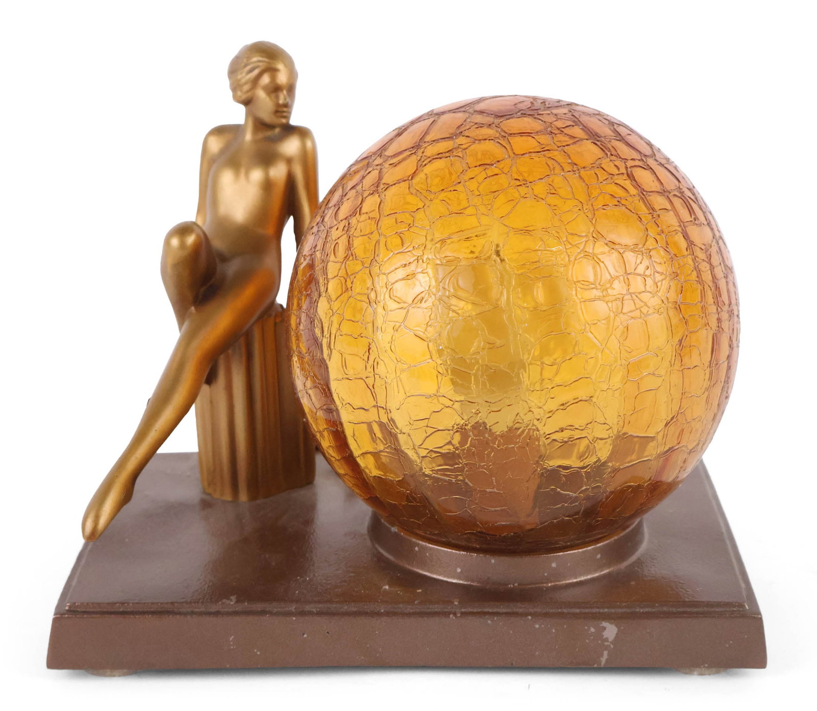 Art Deco Figural Table Lamp: Art Deco Figural Table Lamp With nude figure next to crackle glass globe. Probably Frankart. 7 1/4 x 9 1/4 x 6 in. (18.4 x 23.5 x 15.2 cm.)