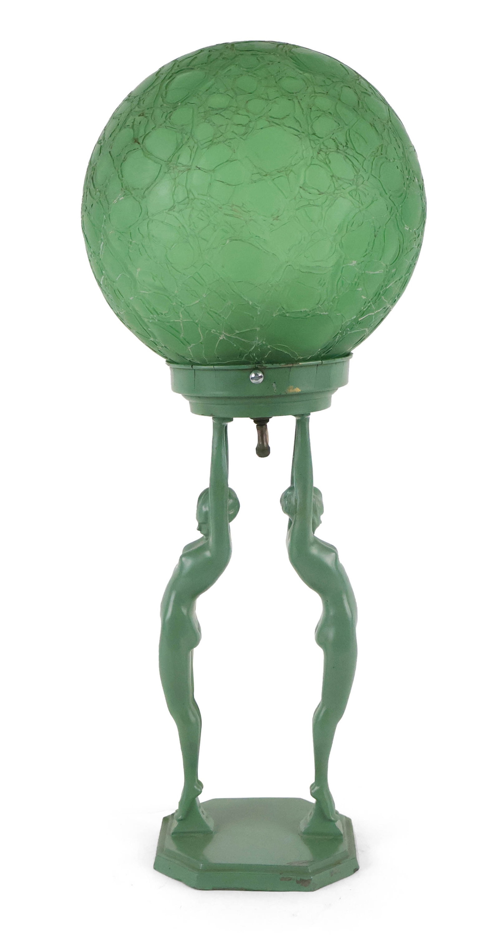Frankart Figural Table Lamp: Frankart Figural Table Lamp L211, two nudes hold aloft an eight inch round crackled glass globe. Globe repainted. 19 1/2 x 8 in. (49.5 x 20.3 cm.)