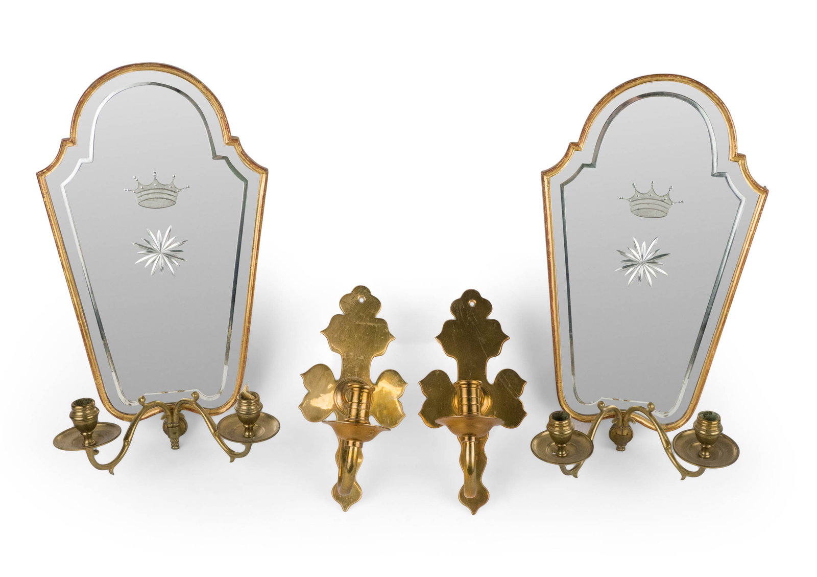 Pair of Queen Anne Style Giltwood and Mirrored Wall Sconces: Pair of Queen Anne Style Giltwood and Mirrored Wall Sconces With two brass lights. Together with a pair of brass one-light wall sconces. 4 pieces 10 3/4 x 5 1/4 x 5 1/2 in. (27.3 x 13.3 x 14 cm.), and