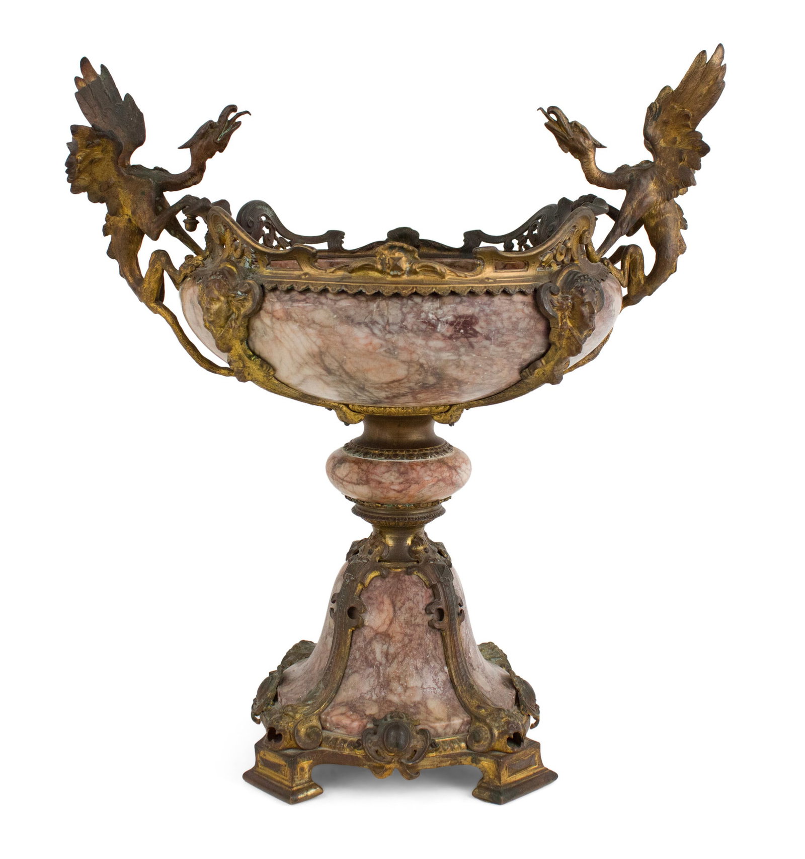French Gilded Age Ormolu-Mounted Marble Centerpiece: French Gilded Age Ormolu-Mounted Marble Centerpiece With dragon-form handles. Loose, surface distress. 18 x 16 x 11 1/2 in. (45.7 x 40.6 x 29.2 cm.)